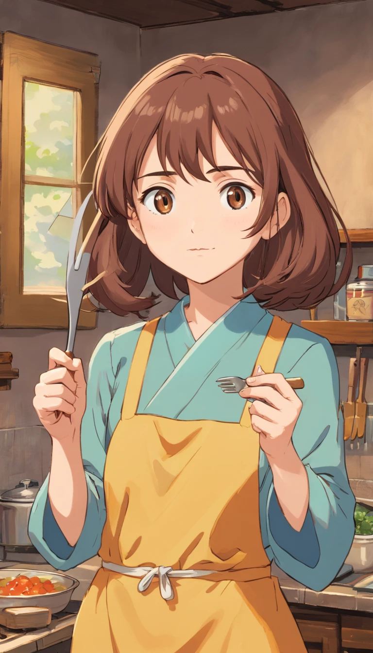 anciana, (pecho enorme: 1.4), brown hair, ropa, Aunt's Look,Front view,Holding the spatula,Cara estricta.
