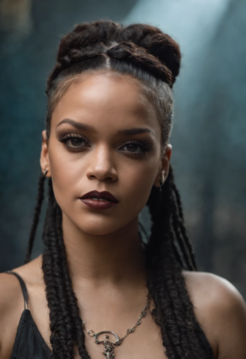 Rihanna, Kerrigan, dreadlocks, Bones and skull, Cyberpunk, steampunc, Splash punk, The female devil in the background author:Rowena Merrill Stika Boris Vallejo Caravaggio Philippe Druilet Andrei Ryabovichchev Whelan