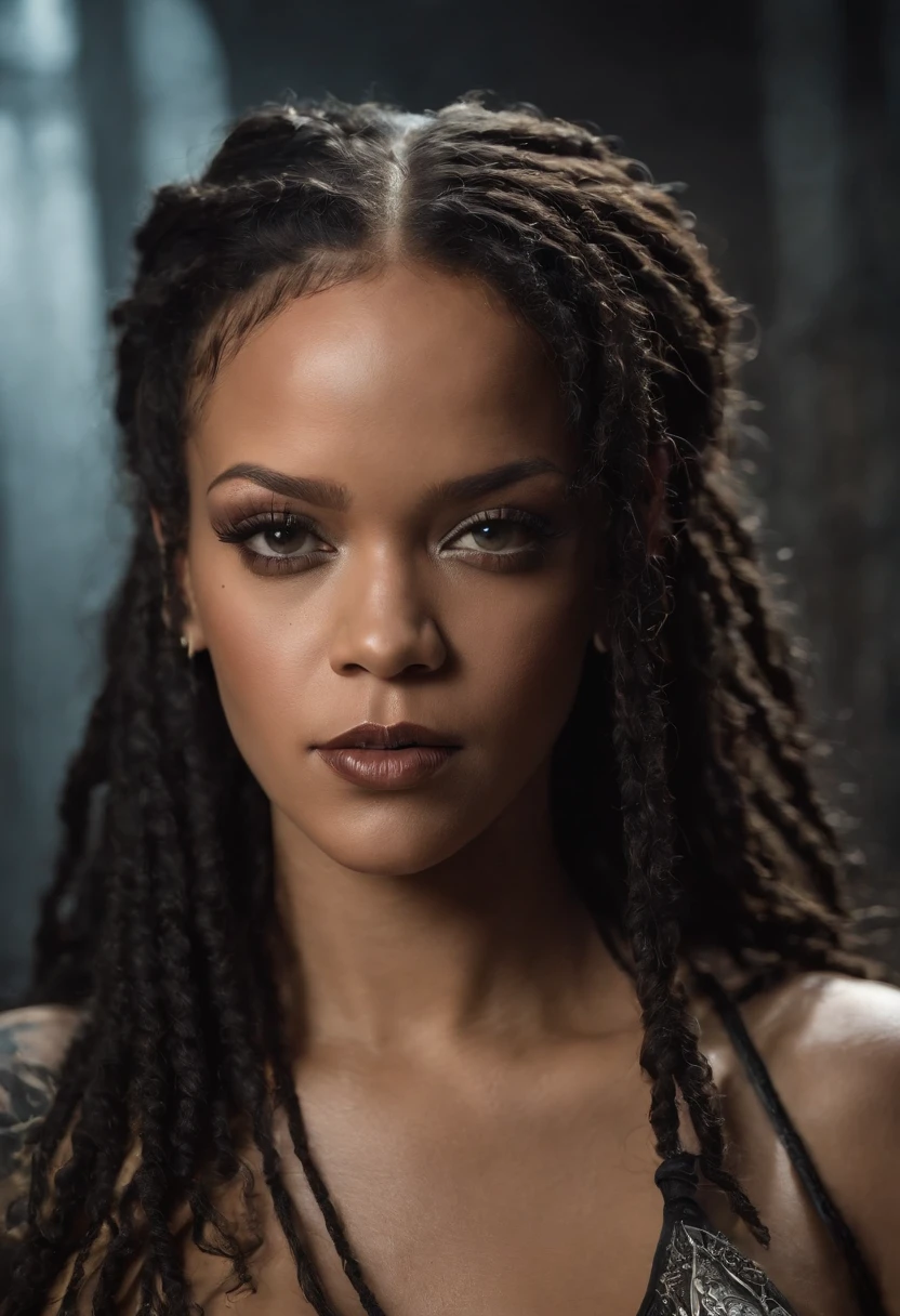 Close-up of a beautiful woman((rihanna cosplaying as chel))Beautiful and detailed face, perfect big and expressive eyes, long black hair with bangs, plump and pink lips, standing in the background a waterfall ,full body 1.2 slender big breasts, nsfw image 1.2 high resolution 12k image 