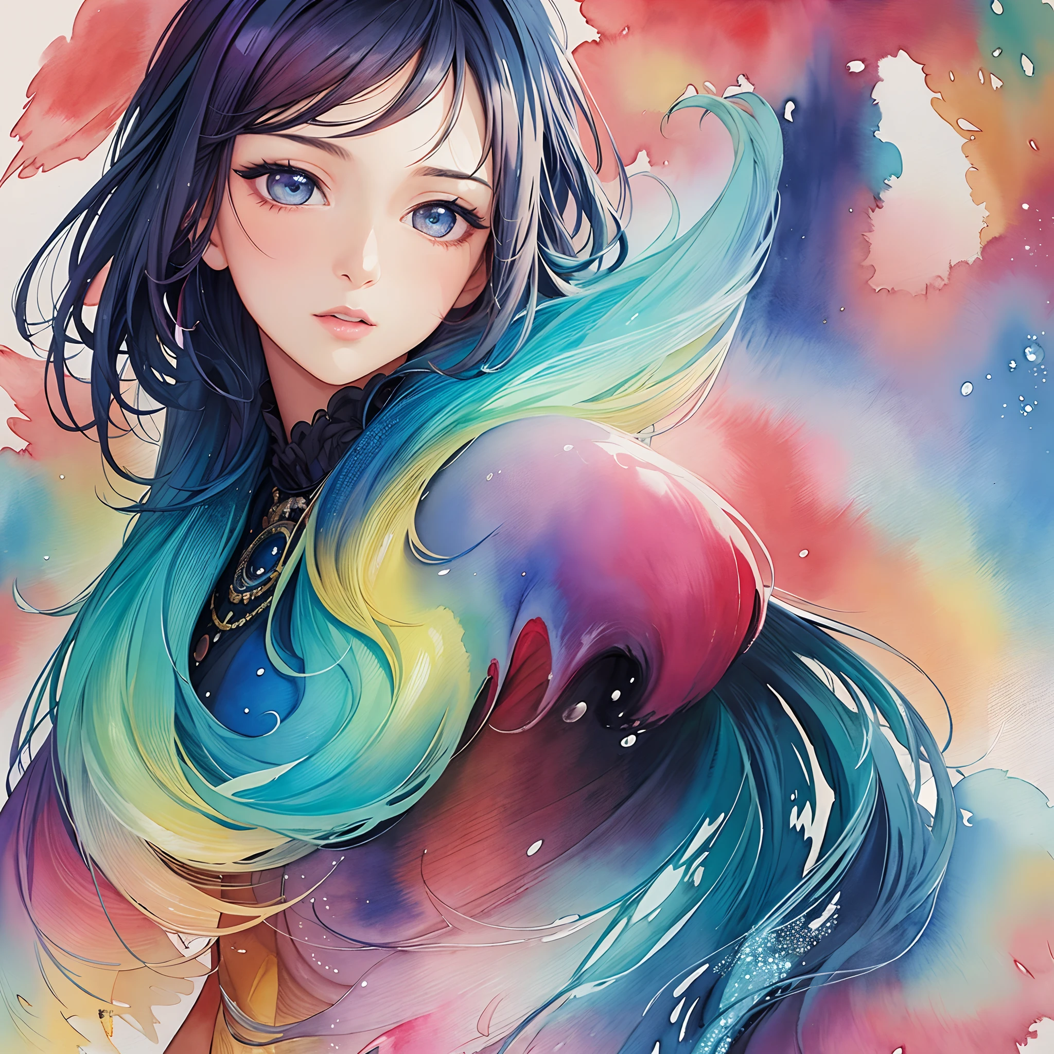 (masterpiece, top quality, best quality, official art, beautiful and aesthetic:1.2), (1girl:1.3), extreme detailed,colorful,highest detailed,(watercolour painting:1.3), optical mixing, playful patterns, lively texture, rich colors, unique visual effect