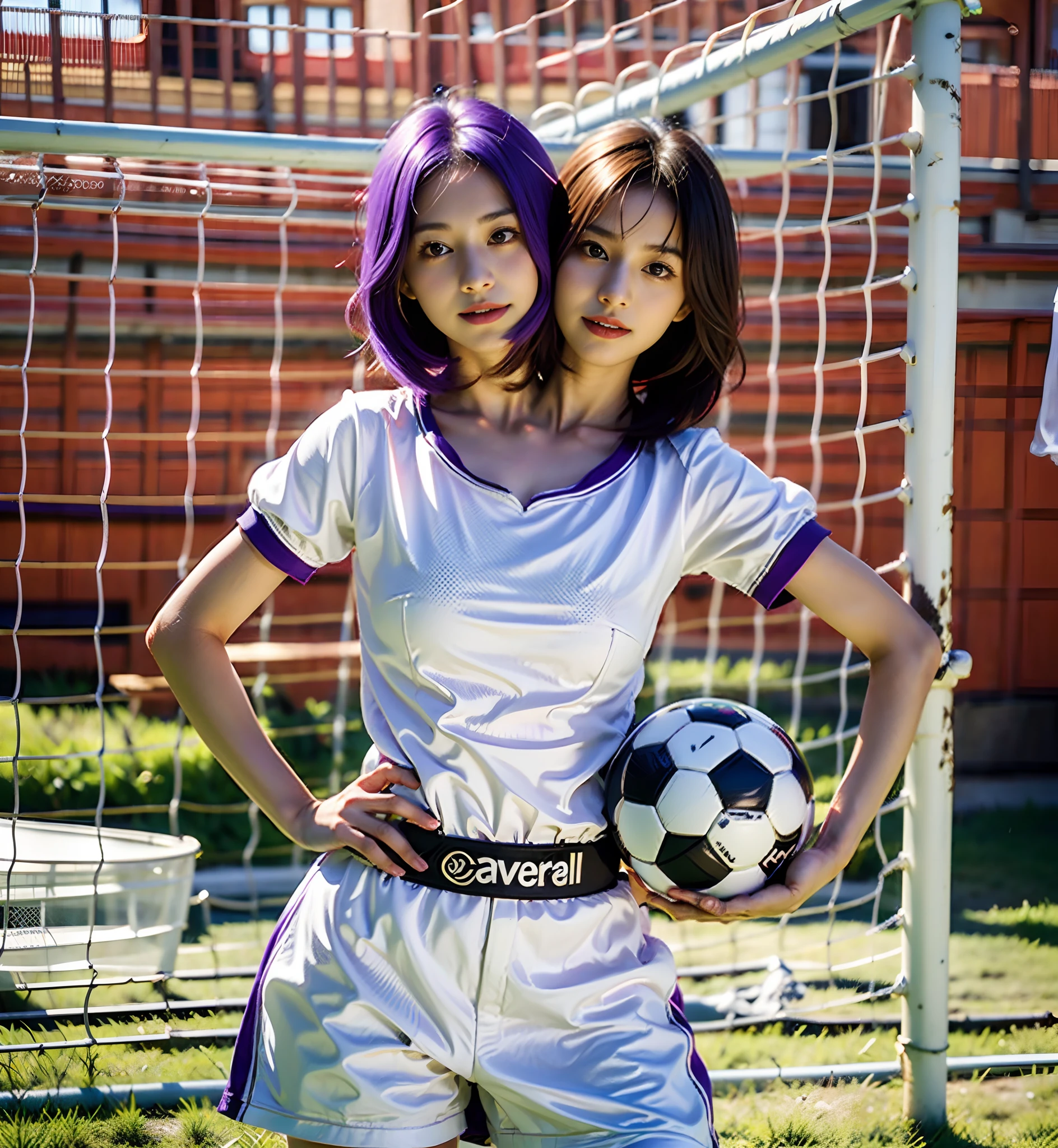 best resolution, girl with two heads, different hair colors, purple hair, brown hair, soccer uniform, holding soccerball, soccer goalpost background
