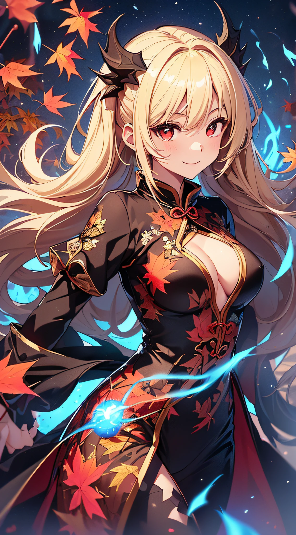 top-quality、Top image quality、​masterpiece、girl with((18year old、Black and red cheongsam、Best Bust、Bust 90、Blonde twintails、Red Eyes、open chest wide、Valley、Happiness、A slender、ssmile、Blue aura on both arms、Glass Hair Fastening、Reflecting the whole body、fighting poses)）hiquality、Beautiful Art、Background with((Autumn leaves at night、Floating blue fireball、Fantastic world、blue flames、Fire Dragon、red aura))、masutepiece、Elaborate design、visualart、