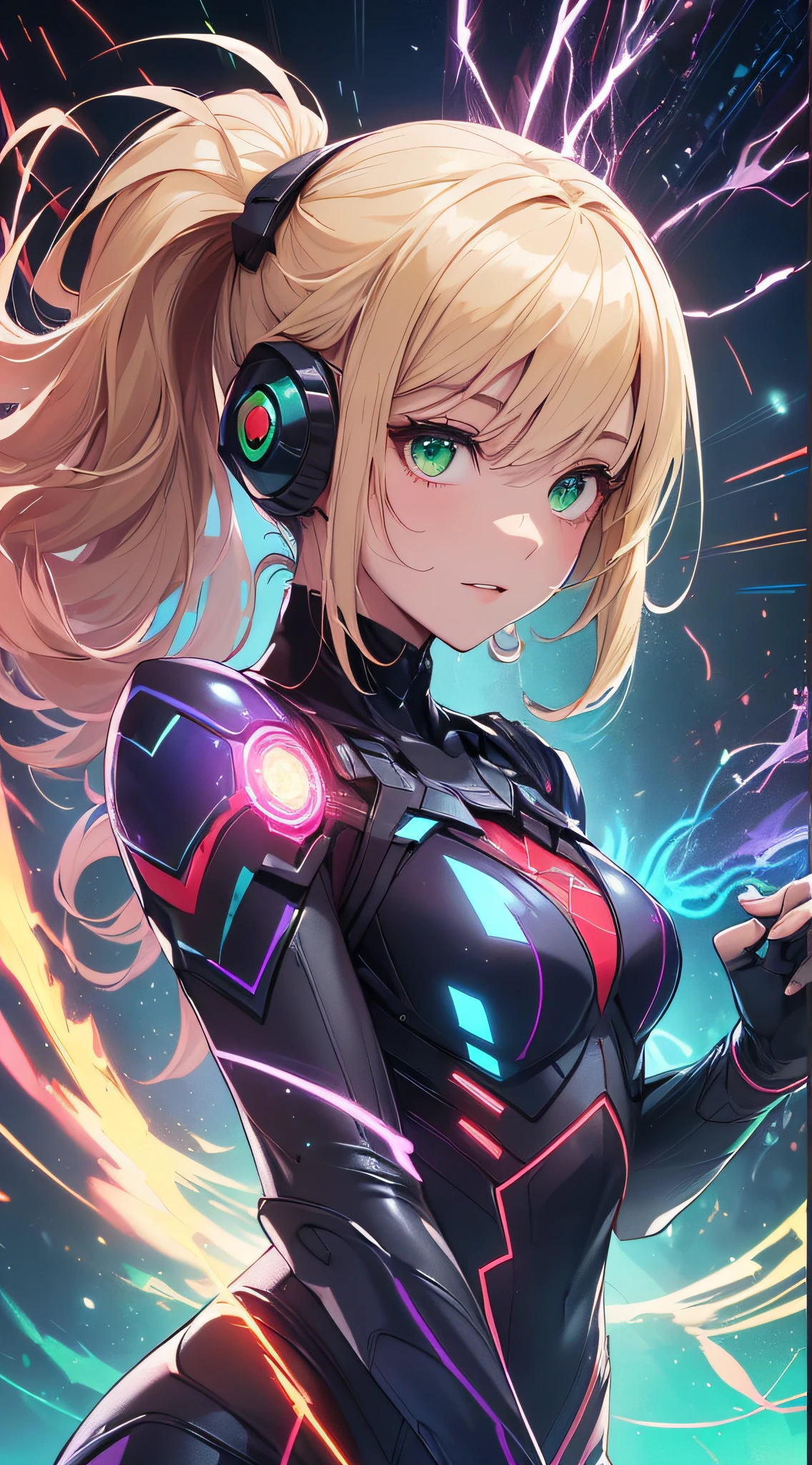 top-quality、Top image quality、masterpiece、Android Girl((18year old、Red, Black and blue glowing cybersuit、Blue energy source for the chest,Best Bust、Bust 90、Blonde Away Tail、Blue-green eyes、open chest wide、Valley、Happiness、A slender、Warlike face、Stand at the front、Countless cable connections throughout the body、Particles of light、Sharp claw arm,Laser Cannon))hiquality、Beautiful Art、Background with((Blue lighting、Green particles、Red Laser Pointer、Purple swirl,Yellow flash、Pink lightning))、masutepiece、Elaborate design、visualart、Theatrical films