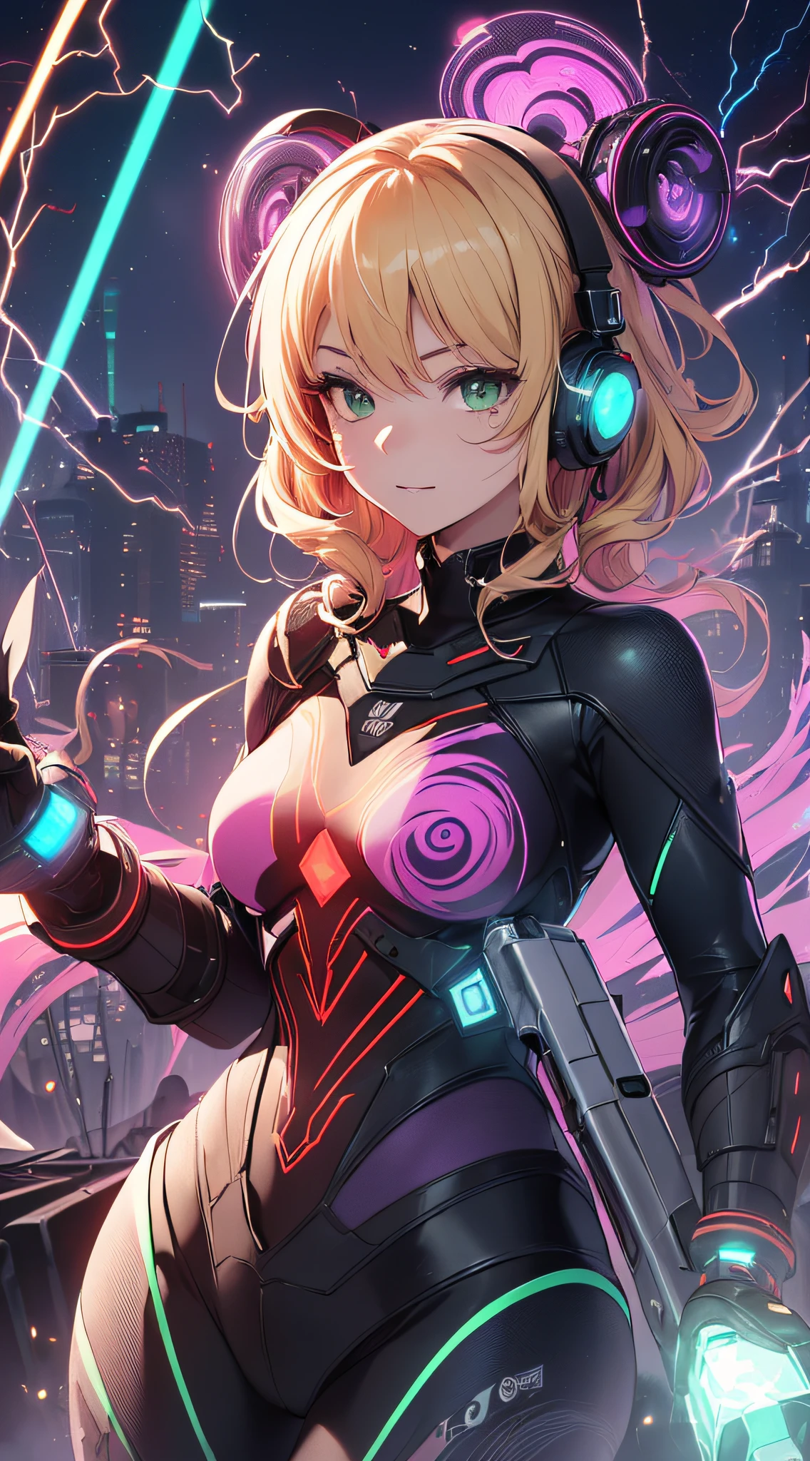 top-quality、Top image quality、masterpiece、Android Girl((18year old、Red, Black and blue glowing cybersuit、Blue energy source for the chest,Best Bust、Bust 90、Blonde Away Tail、Blue-green eyes、open chest wide、Valley、Happiness、A slender、Warlike face、Stand at the front、Countless cable connections throughout the body、Particles of light、Sharp claw arm,Laser Cannon))hiquality、Beautiful Art、Background with((Blue lighting、Green particles、Red Laser Pointer、Purple swirl,Yellow flash、Pink lightning))、masutepiece、Elaborate design、visualart、Theatrical films
