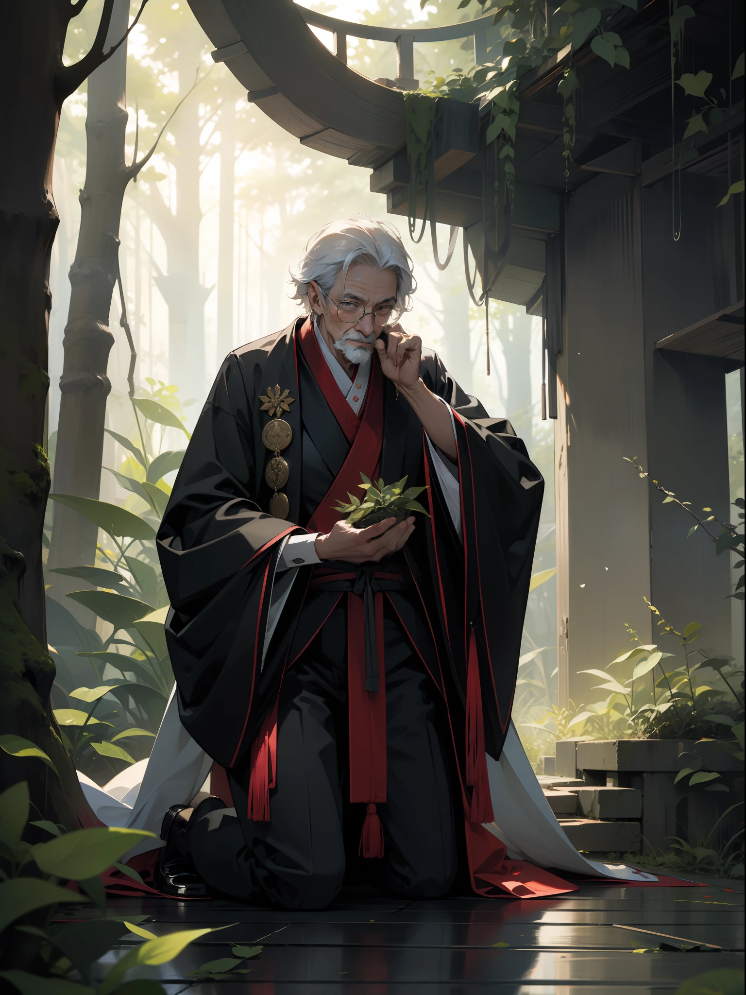 An elderly man, Kneel on the ground in the forest, wearing a hanfu, He was followed by a dog, Curly hair, Chiaroscuro, vanishing point, hyper HD, Best quality, A high resolution, 1080p, ccurate