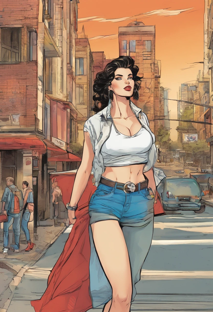 sexy frau, DUNKLES Haar, white crop top, Spaltung, Bluejeans, on the street, auf allen Vieren, ein Riemen von der Schulter, Talking to a police officer, side view
