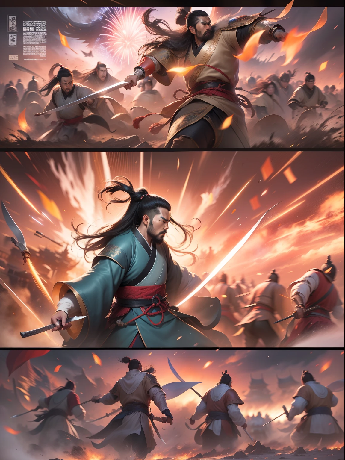 [illustratio，Story split-shots]comic page，There are multiple screens on one page: Chinese male warriors of the Qin Dynasty, A cold face，Broken robes，Cut with a long knife，standing in the wind（Side half close-up）。The battle flag is skewed，Fireworks are everywhere，Enemies in the distance are rushing towards him（bblurry，Faraway view）。[Extreme close-up]:Ultra-wide angle, Cinema lenses,Motion capture, Chiaroscuro, Depth of field 1.8，The protagonist is focused，Cinema lenses，Zao Wou-Ki style