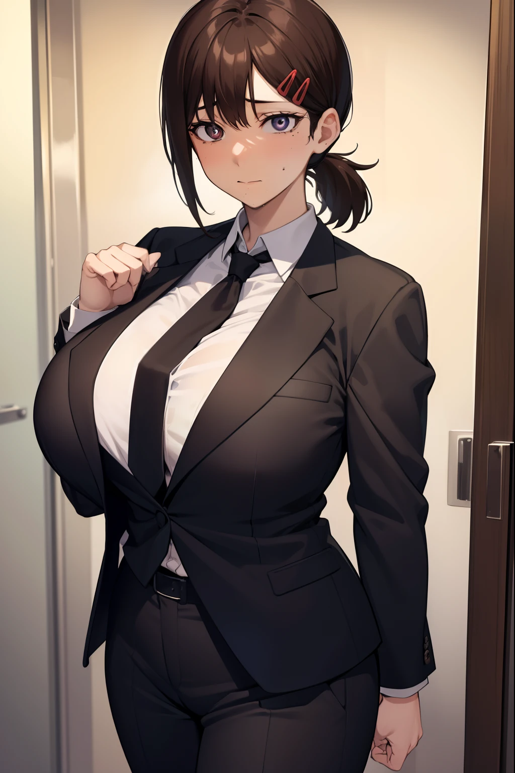 Kobe Higashiyama, Kobeni Higashiyama, Black hair, Hair Ornament, hair clips, Mole, Mole under the eyes, Ponytail, Short hair, (Brown eyes:1.5),
Break the black tie, Black pants, Business Suit, Formal, Long sleeves, neck tie, Pants, Suit, 
BREAK looking at viewer,
Break indoors, crass room,
BREAK (masutepiece:1.2), Best Quality, High resolution, Unity 8k壁纸, (Illustration:0.8), (Beautiful detailed eyes:1.6), extra detailed face, Perfect Lighting, extremely details CG, (Perfect hands, Perfect Anatomy), ((Huge breasts))