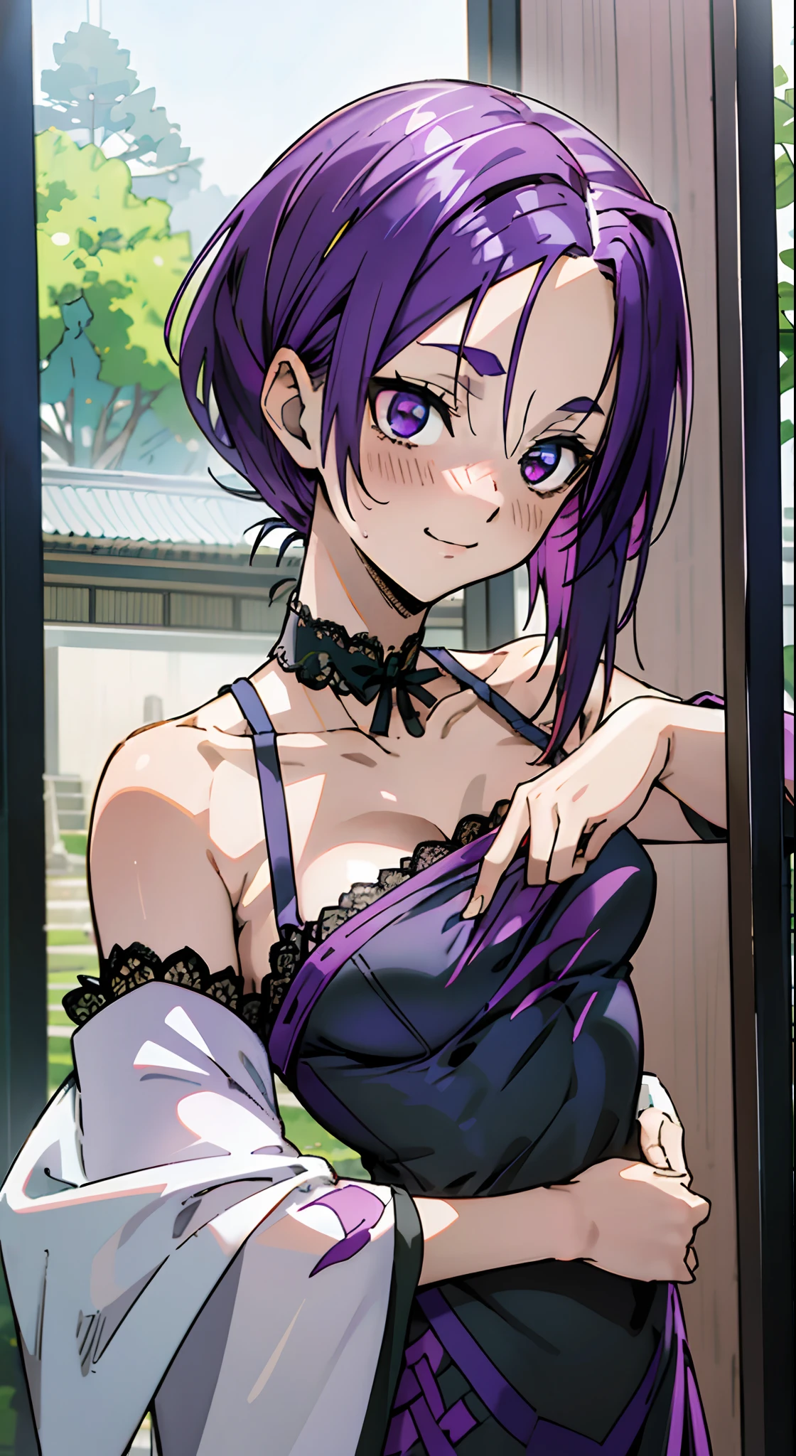 masutepiece, Best Quality, Ultra-detailed, Colorful,Up-close, Hyper-detailing,purple color hair, Ultra-realistic hair quality, Vibrant colors, Beautuful Women, Beautiful long hair, Shiny hair, detailed hairs, Reo Mikage, Blue Lock, no sleeves, Camisole and cheongsam, chinese clothes, Chest exposure, Lace underwear, Metamorphosis is exposed, Choker, Black Choker, arm warmer, Sexy breasts, Scar, Big breasts, red blush, 1girl in, Solo, Sharp face, Heterochromia, Green eyes, Purple eyes, Bare neck, Happy face, rays of sunshine, Brave Sky, shining sky, China, shanghai, castle