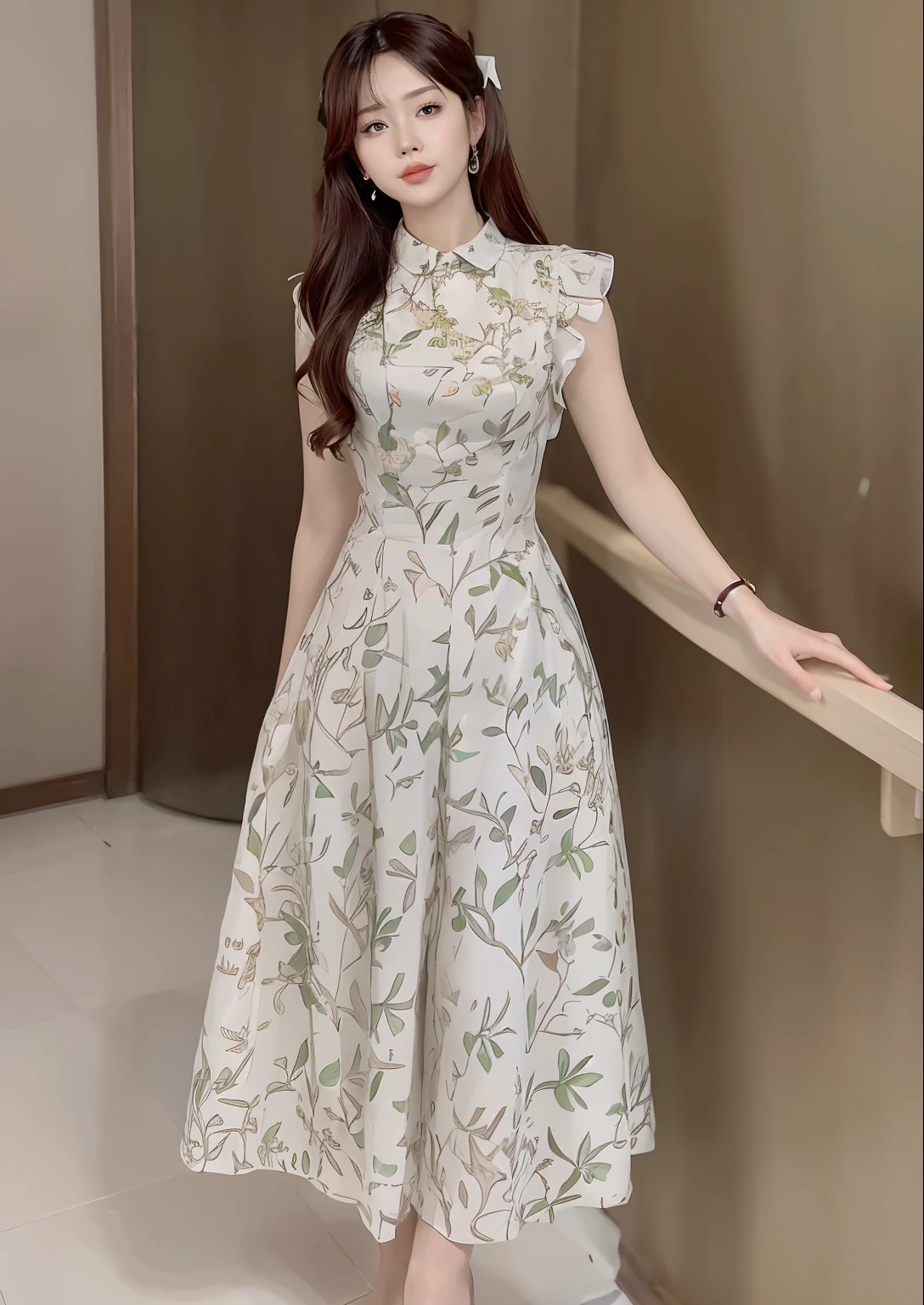 ((keep the same outfit)), double eyelids, slightly smiling lips, slim waist, full body view, panoramic view, panoramic view,