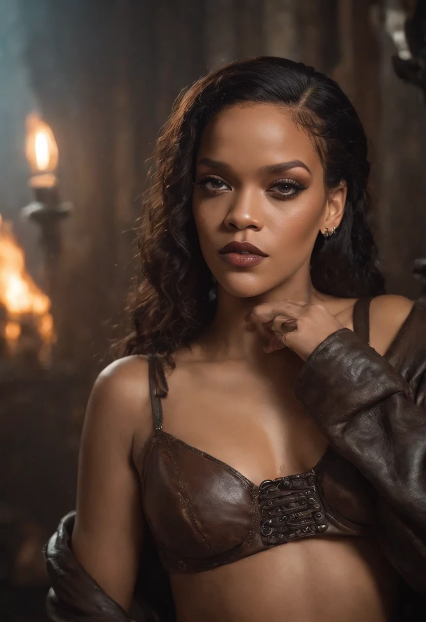 Rihanna, big boobs, almost naked, full body, sensual look, Kerrigan, dreadlocks, Bones and skull, Cyberpunk, steampunc, Splash punk, The female devil in the background author:Rowena Merrill Stika Boris Vallejo Caravaggio Philippe Druilet Andrei Ryabovichchev Whelan