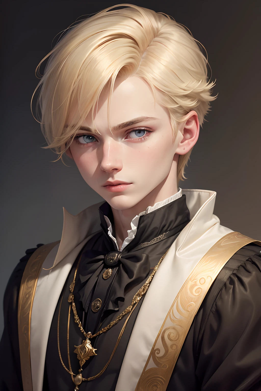 Portrait of a sassy androgynous boy 18 yo, aristocrat, portrait of nobility, blonde hair, slim build, self-loving and bossy, oil painting style, close-up portrait, a portrait of royalty, Paul, (short blond hair, impertinent expression:1.2), aristocrat, heir to the king, masterpiece, detailed hair, a cheeky androgin boy, girl disguised as a boy, realistic hair, detailed face and eyes, sharp focus, high detail, masterpiece, absurdres, best quality, HDR, high quality, high-definition, extremely detailed, 8k wallpaper, intricate details, 8K uhd, Full-HD, contrast