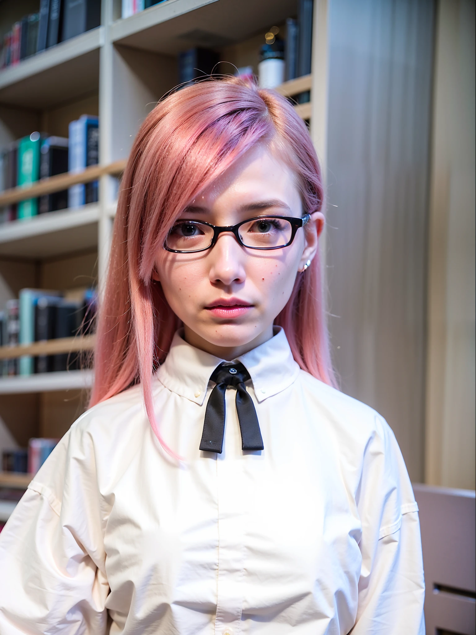 there is a woman with pink hair and glasses posing for a picture, belle delphine, a hyperrealistic schoolgirl, hyperrealistic schoolgirl, with glasses, anime girl in real life, pink twintail hair and cyan eyes, hints of yayoi kasuma, yayoi kasuma, realistic schoolgirl, with glasses on, with black eyeglasses