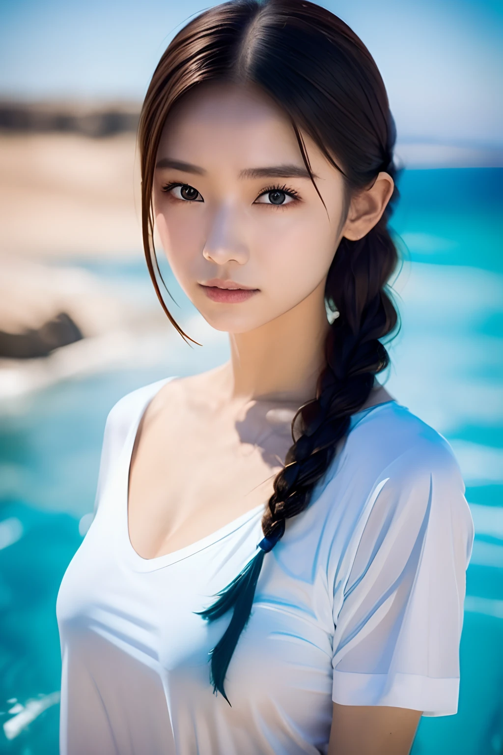 parfect anatomy、top-quality、masuter piece、ultra-detailliert、8ｋ、独奏、15yo student、1 girl in、Brown-eyed、Braids、Oversized White V-Neck T-Shirt、Natural look、Beautiful collarbone、Cute look、Blue Sea、blue open sky、sand beach、(((The background is blurry and you can't see anything:1.3)))