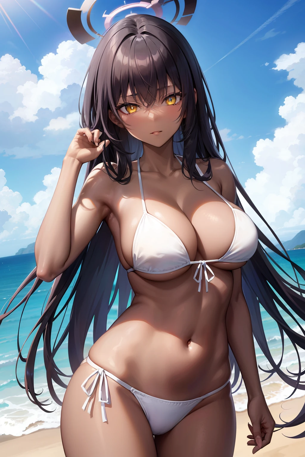 Blue Archive Karin, karin, Ahoge, Black hair, (Dark skin), (dark skinned female:1.3), Halo, Long hair, (Yellow eyes:1.5),Naughty big、large full breasts、BREAK looking at viewer, BREAK (masutepiece:1.2), Best Quality, High resolution, Unity 8k壁纸, (Illustration:0.8), (Beautiful detailed eyes:1.6), extra detailed face, Perfect Lighting, extremely details CG, (Perfect hands, Perfect Anatomy),(a white bikini:1.3)、(the beach:1.3),cowboy shot、