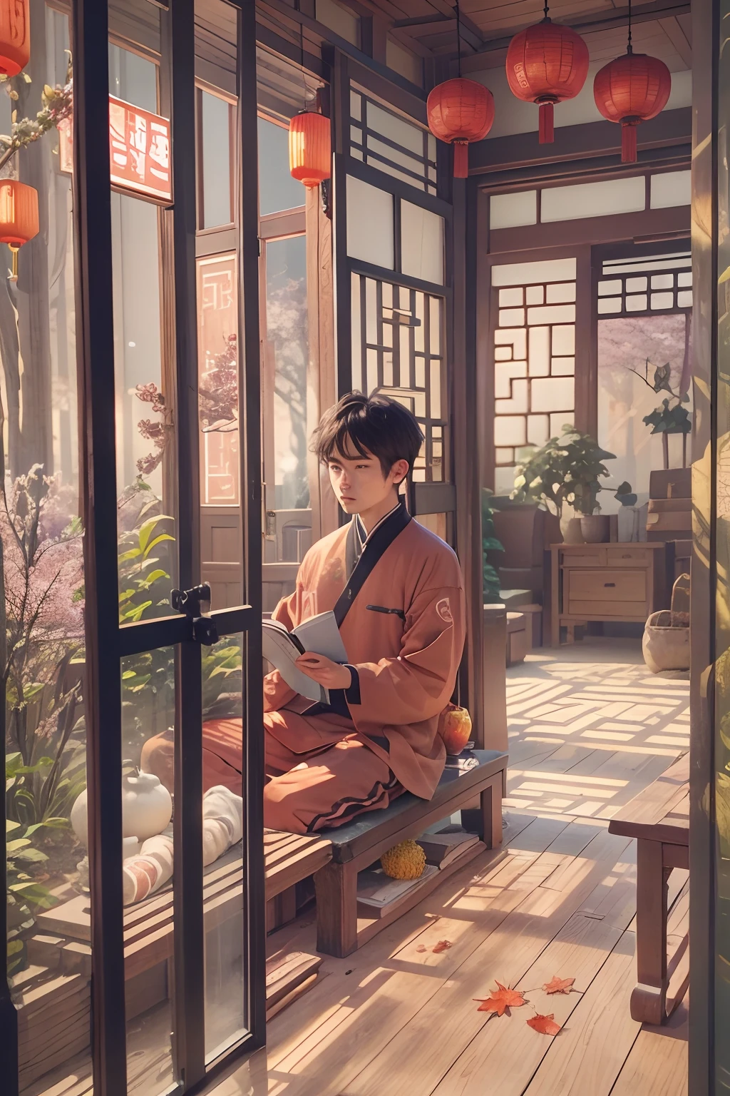 Through the window, I met a poor 20-year-old man during the Spring and Autumn period in China,Sit in the house and read,Be in spirits,Focused eyes,long whitr hair