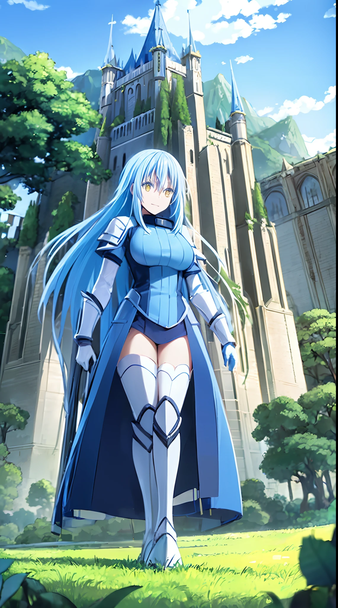 Rimuru tempest, blue hair, yellow eyes, long hair, full body, huge breasts, white knight, white armor, standing, castle background, grass, day, cloud, female, light smile,
