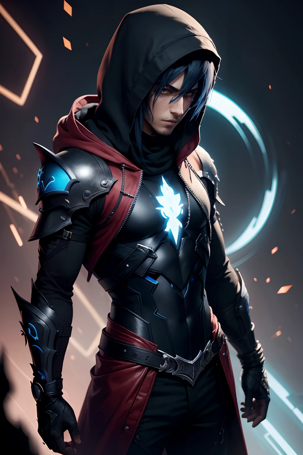 personagem masculino, com capuz, Final Fantasy, Azul Neon, WMASK, cabelos pretos, Raio Negro, Different portions, Escuro, olhos vermelhos