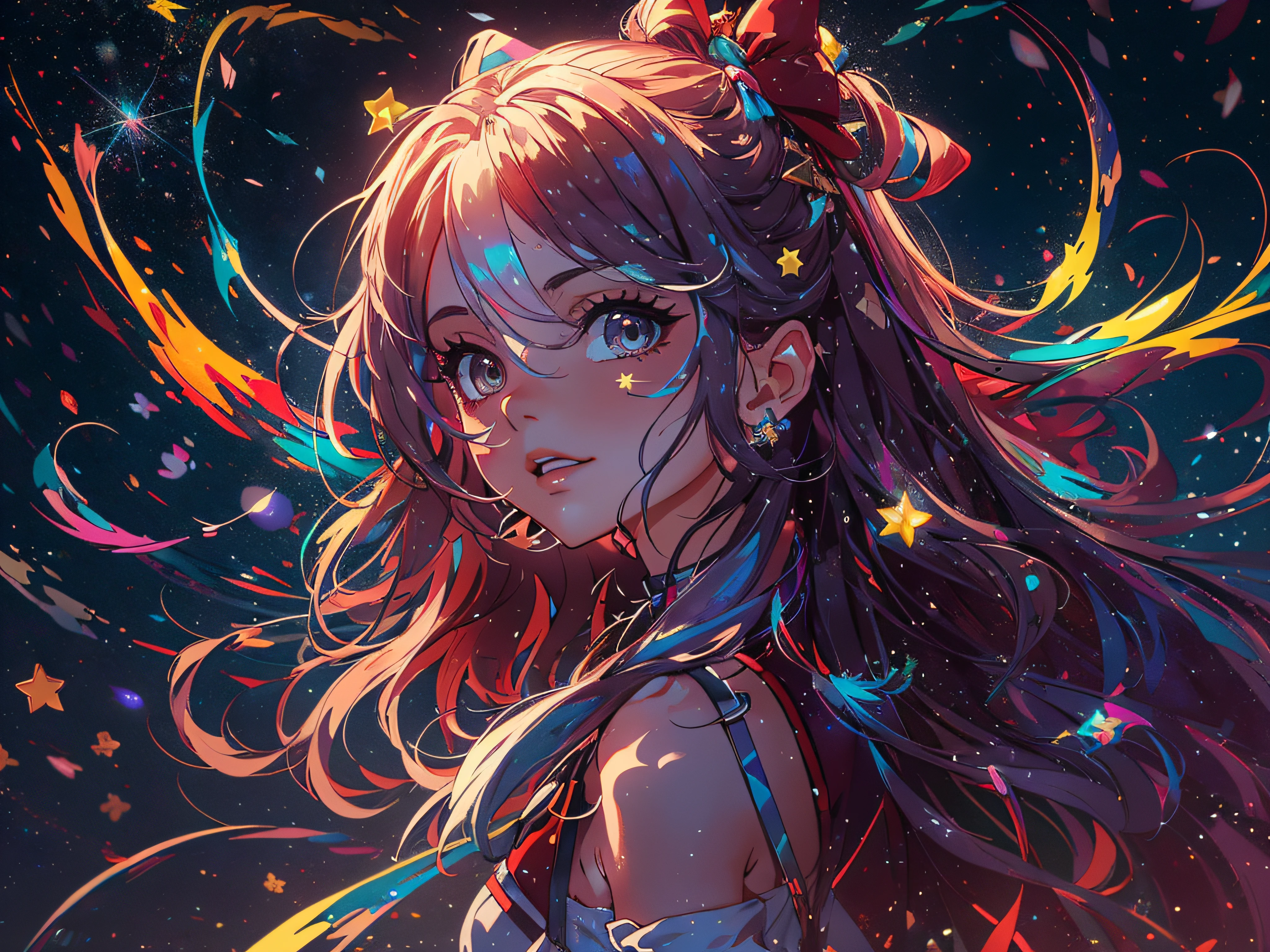 (best quality,4k,8k,Altas,master part:1.2), ultra-detalhado,, HDR, UHD, studio lighting, pintura ultrafina, foco nítido, Physically-based rendering, extreme detail description, profissional, vivid colors, Bokeh, Retratos, anime, artistas conceituais, Noite estrelada, Telhado, Rainbow, night sky, de cabelos compridos, Standing, Anime Art Wallpaper 8K, Papel de parede anime 4k,(master part: 1.2), (best quality), 4k, ultra detalhado, (dynamic compositing: 1.4), rico em detalhes e cores, (rainbow color: 1.2), (brilhar, Atmospheric Illumination), sonhador, magica, (sozinho: 1.2),