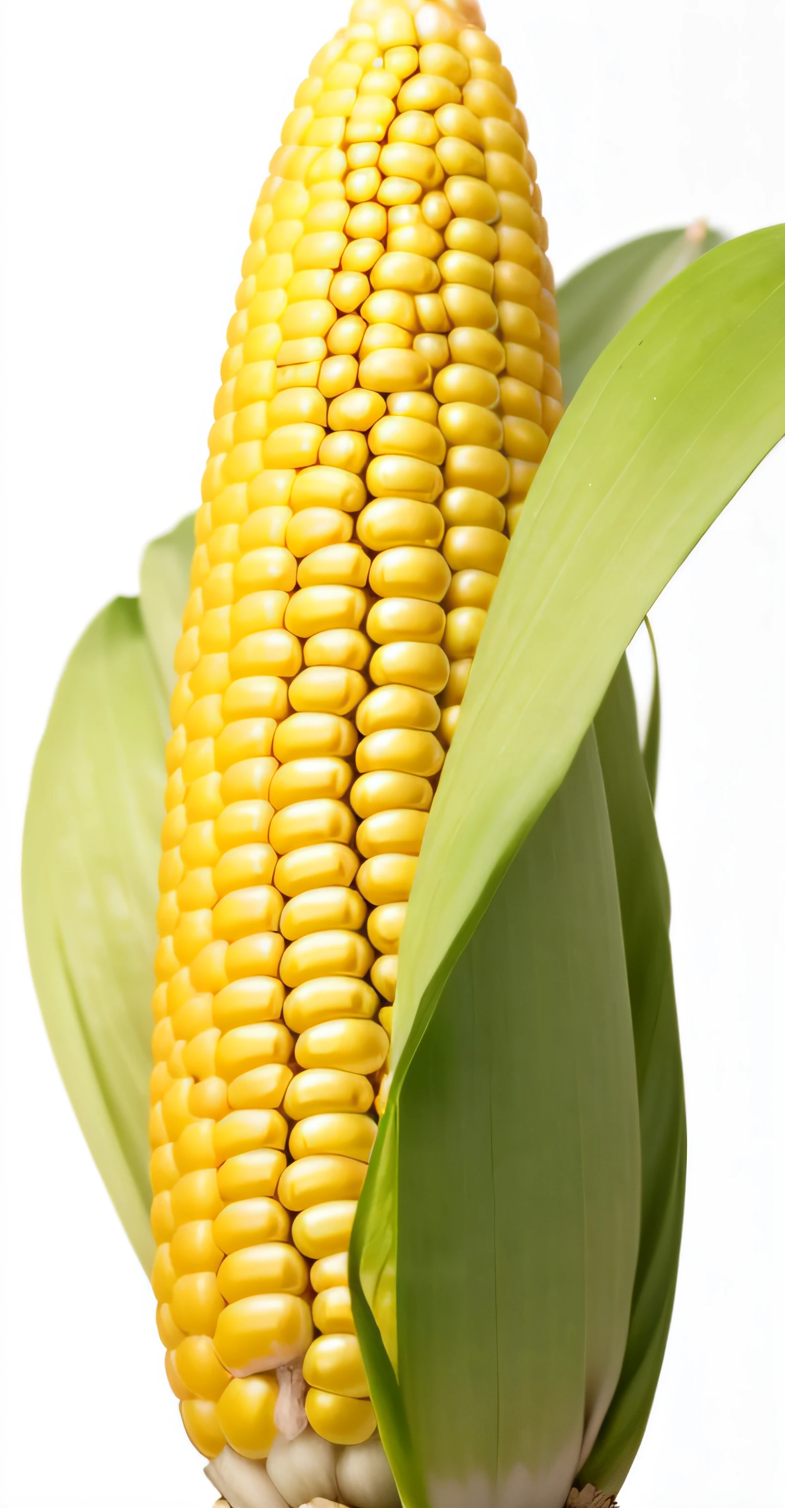 There is a corn on the cob,It has leaves on top on a white background, nachos, corn on a cob everywhere, Corn floating in the ocean, john redcorn, Texture, Harvest, Organic, leaked image, high grain, A tall, No crops, hyper realisitc, grain”, author:Rhea Cami, high detalisation, discovered photo, white bg, isolated on a white background