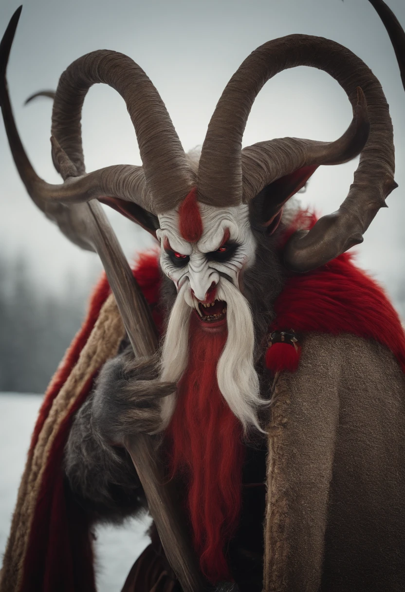 Krampus
avec cornes, sharp claws and a long, langue fourchue,barbe blanche ,eye on the forehead ,