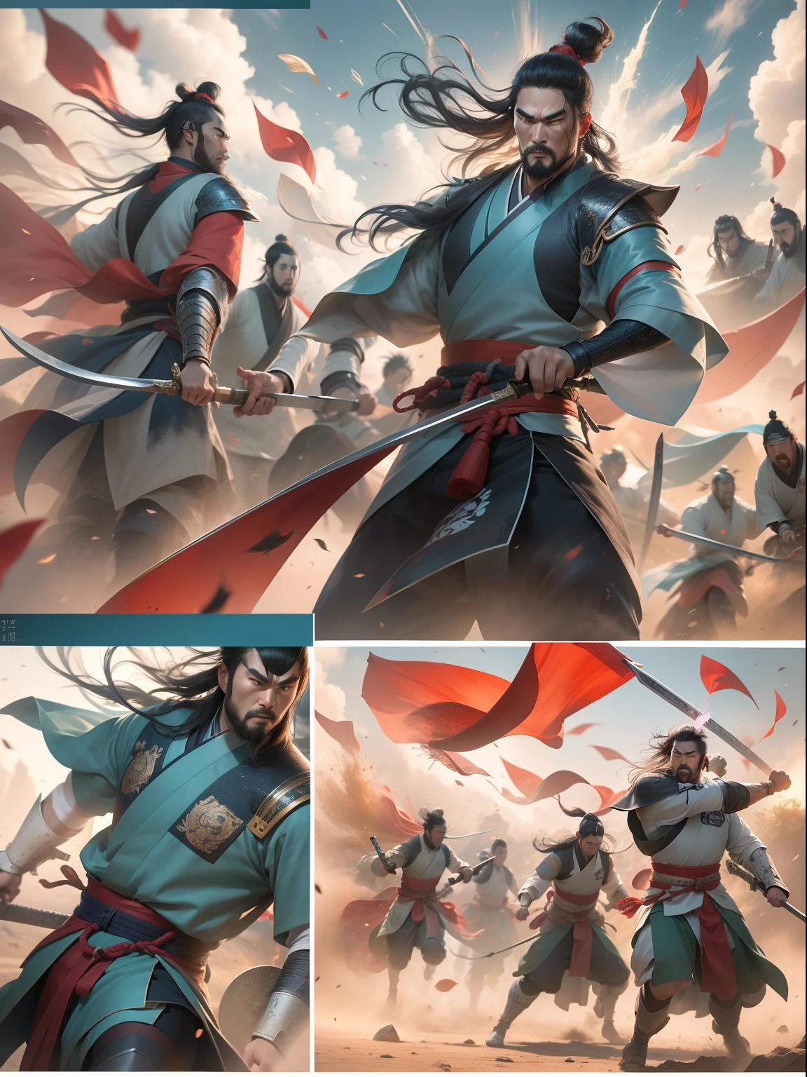 [illustratio，Story split-shots]comic page，There are multiple screens on one page: Chinese male warriors of the Qin Dynasty, A cold face，Symmetrical body, Broken robes，Armed with a bloody blue-edged sword，standing in the wind（Side half close-up）。The battle flag is skewed，Fireworks are everywhere，Enemies in the distance are rushing towards him（bblurry，Faraway view）。[Multi-camera continuous shooting]:Ultra-wide angle, Cinema lenses,Motion capture, Chiaroscuro, Depth of field 1.8，The protagonist is focused，Cinema lenses，Zao Wou-Ki style