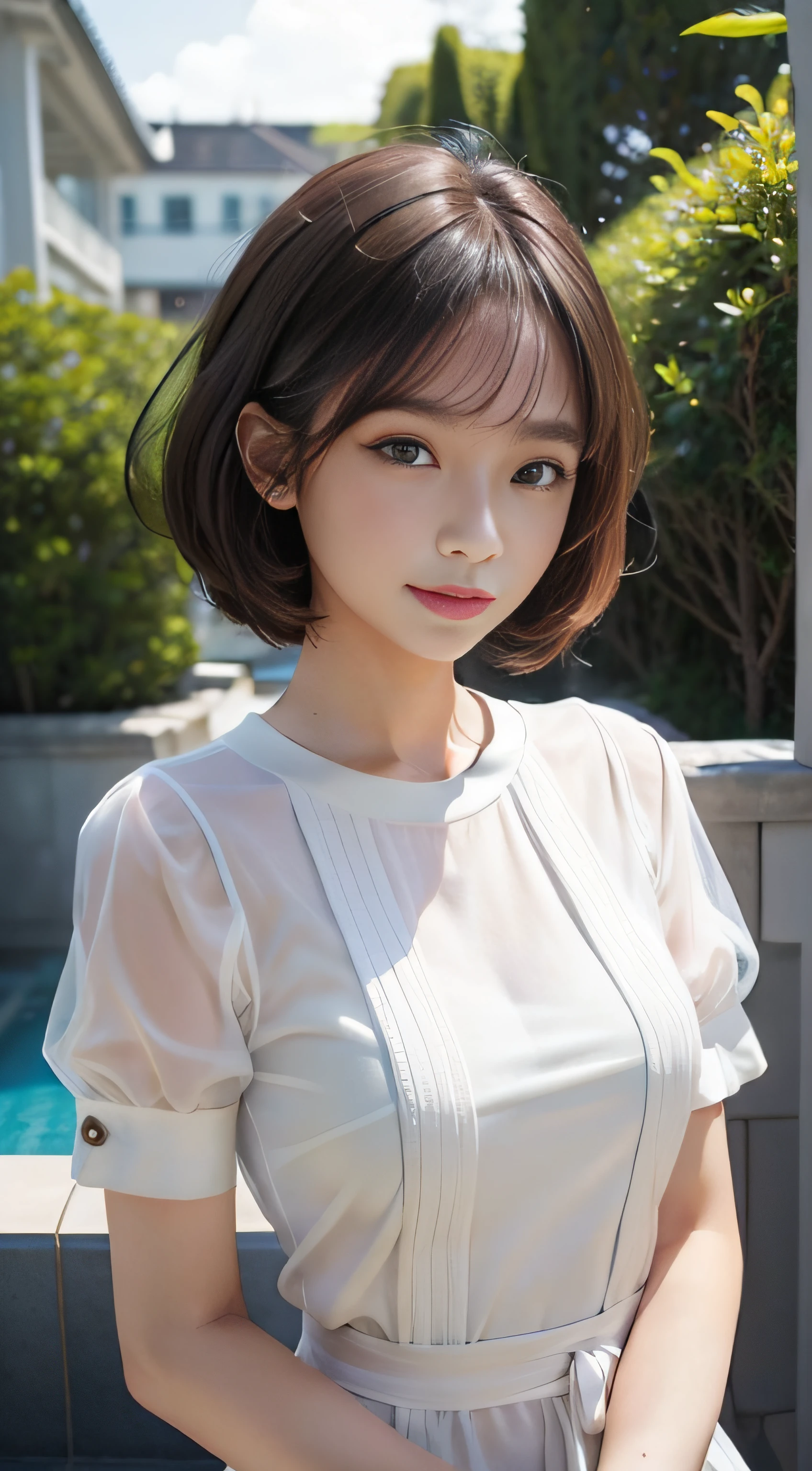 masterpiece、Top image quality:1.2、((beautiful young woman with))、Transparent skin:1.2、{A slight smil}、(kawaii)、Short sleeve knit、luxury hotel、depth of fields、Sharp Focus、Fine details、Sheer clothes