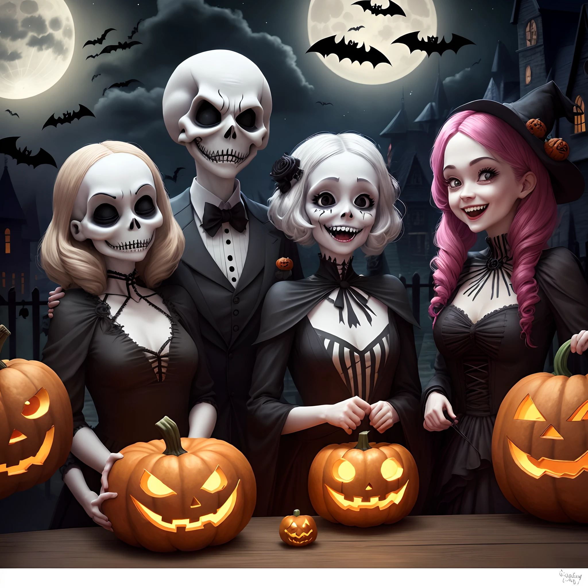 Jack Skellington, laughing, evil, Halloween town, pumpkins, bats, moonlight,