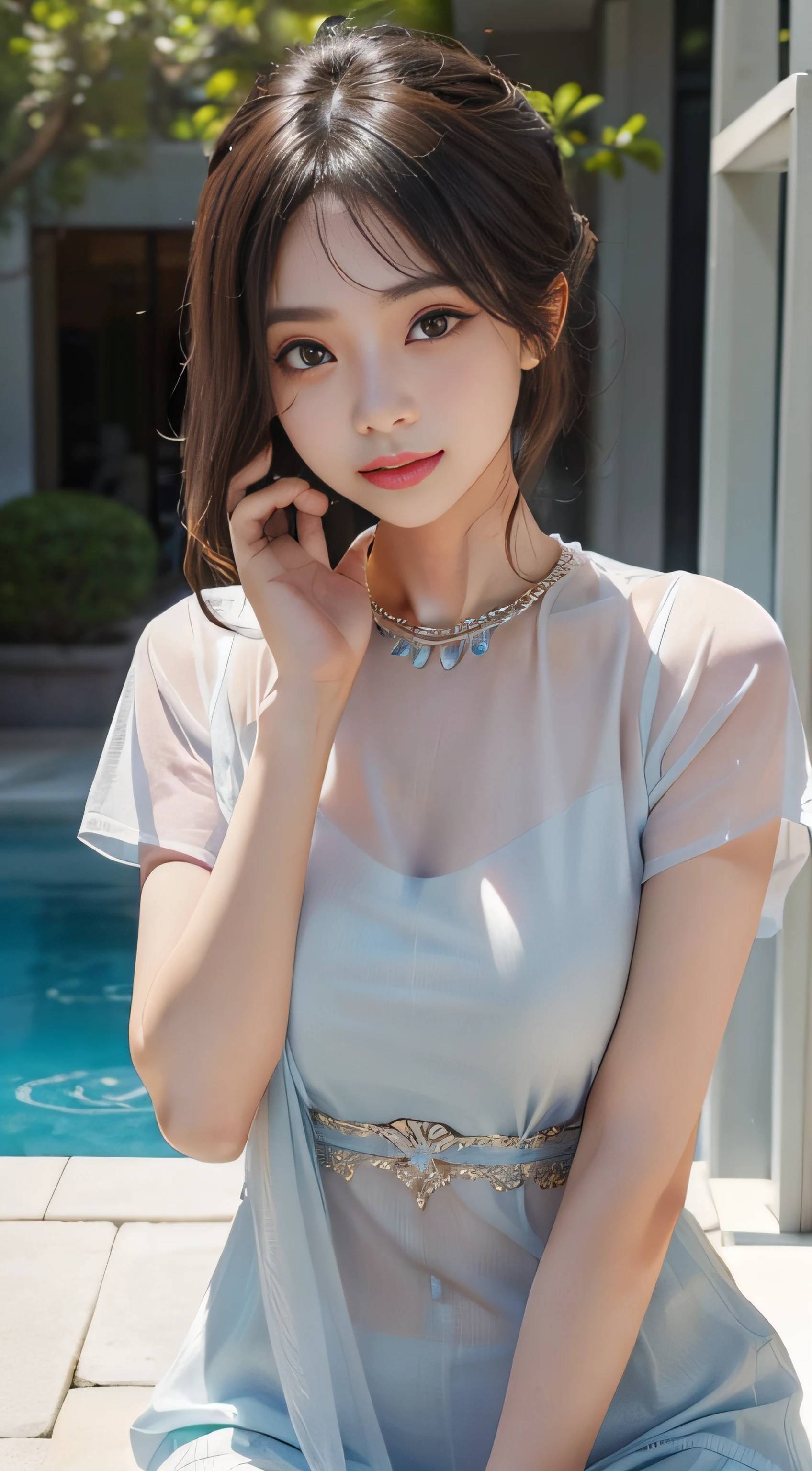 (8k, RAW photos, super high quality, super detailed CG Unity 8k wallpaper, masterpiece: 1.2), one girl, 3D, watching the viewer, laughing, super beautiful detailed eyes, accurate shiny iris depiction, pupils are black and abyss, water-based humor shine, ultra-detailed eyelashes, Iris with a very slightly black rim, delicate and beautiful hair, ultra-detailed hair, precise shading of hair, delicate hair tips, professional makeup, Ultra-detailed lips, accurately drawn lip wrinkles, beautiful shiny lips, wearing small jewelry earrings, short hair, (shiny skin due to sweat: 0.3), sleeveless light blue dress, exact shading created on clothes, background is sandy, light rain