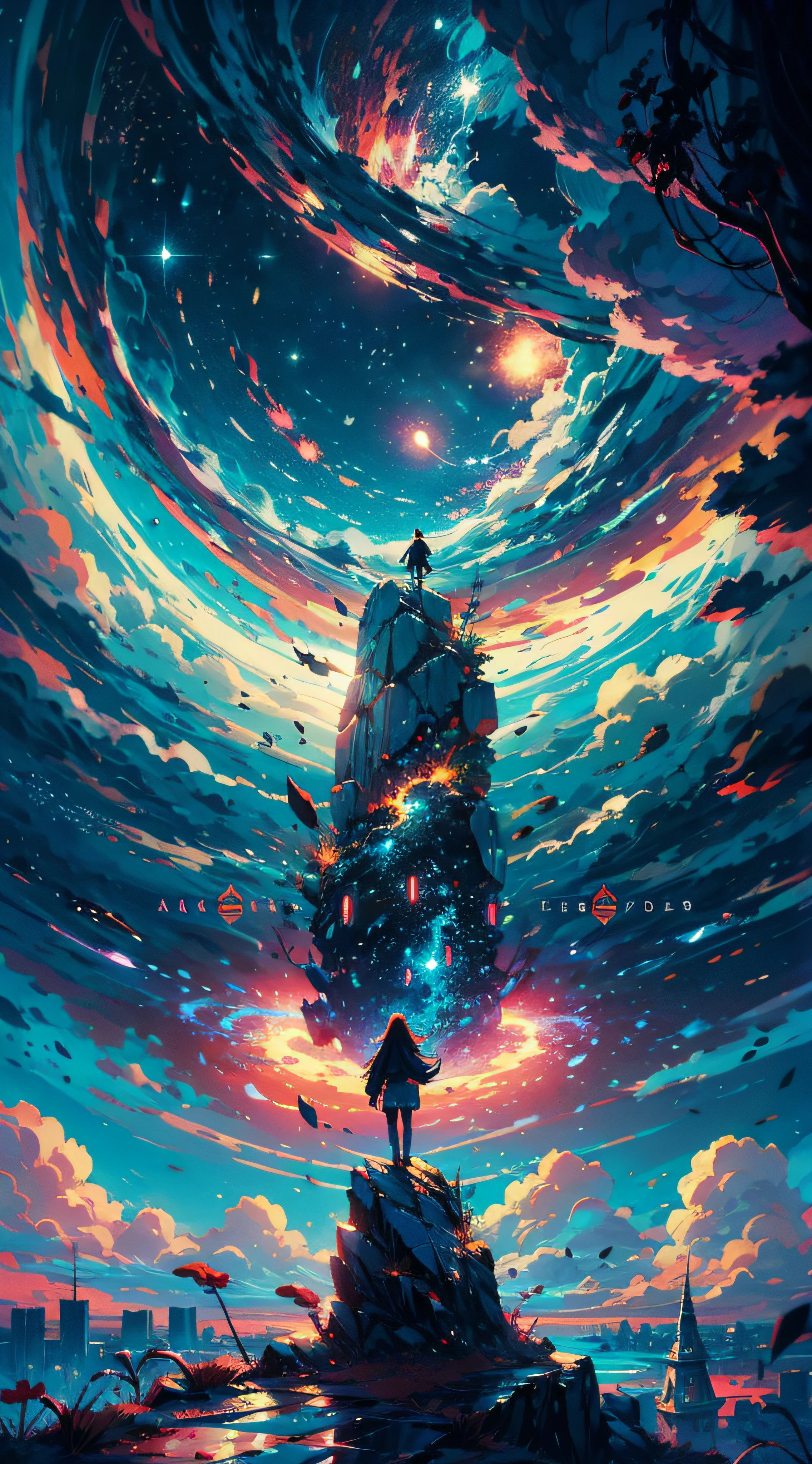 Anime girl standing on a rock looking at a sky full of stars, Makoto Shinkai Cirilo Rolando, Anime Art Wallpaper 4K, Anime Art Wallpaper 4K, Anime Art Wallpaper 8K, cosmic skies. por makoto shinkai, inspirado em Cyril Rolando, No estilo Dan Mumford obra de arte, paper awesome wallpaper, por Yuumei