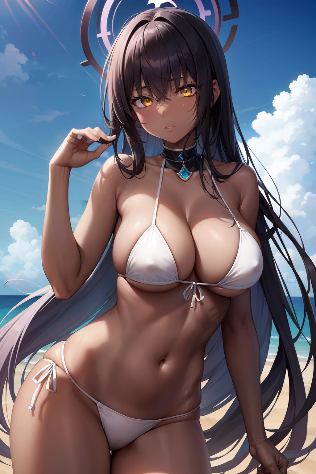 Blue Archive Karin, karin, Ahoge, Black hair, (Dark skin), (dark skinned female:1.3), Halo, Long hair, (Yellow eyes:1.5),Naughty big、large full breasts、BREAK looking at viewer, BREAK (masutepiece:1.2), Best Quality, High resolution, Unity 8k壁纸, (Illustration:0.8), (Beautiful detailed eyes:1.6), extra detailed face, Perfect Lighting, extremely details CG, (Perfect hands, Perfect Anatomy),(a white bikini:1.3)、(the beach:1.3),cowboy shot、