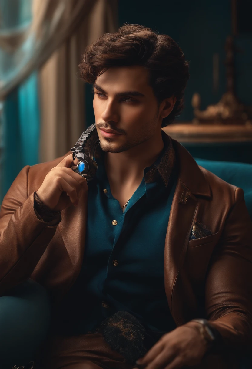 Original, detalhes intrincados, illustration, master part, extremamente detalhado CG unidade 8k papel de parede, destacar, Nitidez, Dynamic, Bokeh, , um menino bonito com celular na mao