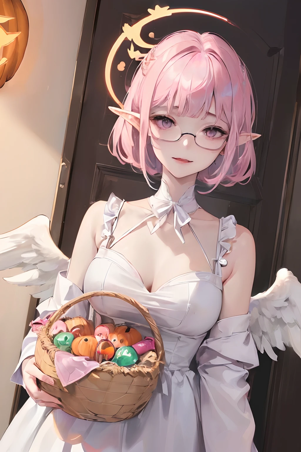 masutepiece、top-quality、Ultra Detail、, 1girl in,Beautiful lighting、(((From the front)))、(((From below)))、(((Upper body)))、1girl with、(((18age)))、(((High school students)))、(((Happy halloween)))、(((Angel )))、(((one white winged)))、(((Circle of Angels)))、(((Basket of sweets)))、(((trick or treat)))、((((natta)))、(((In front of the front door of the house)))、(((Naughty face)))、(shiny lip:1.1)、(beautidful eyes:1.1)、fantastic hair、short-hair、bob cuts、Platinum Pink Hair、Red glasses、Platinum pink eyes、elf-ears、Well-formed face、Normal breasts、masutepiece、Best Quality、High resolution、Cowboy Shot、From Side、Pale skin staring at the viewer、Curve、Blunt bangs、angel halo,wings, angel wings,