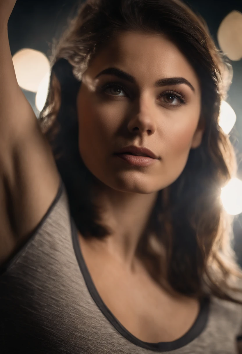 (Close-up, 20yr old,Female brunette hair,Back line,Arm raised,Sports short-sleeved clothes), ((Only the back is visible)),Ultra photo realsisim ,Lifelike texture, Dramatic lighting , cine still 800