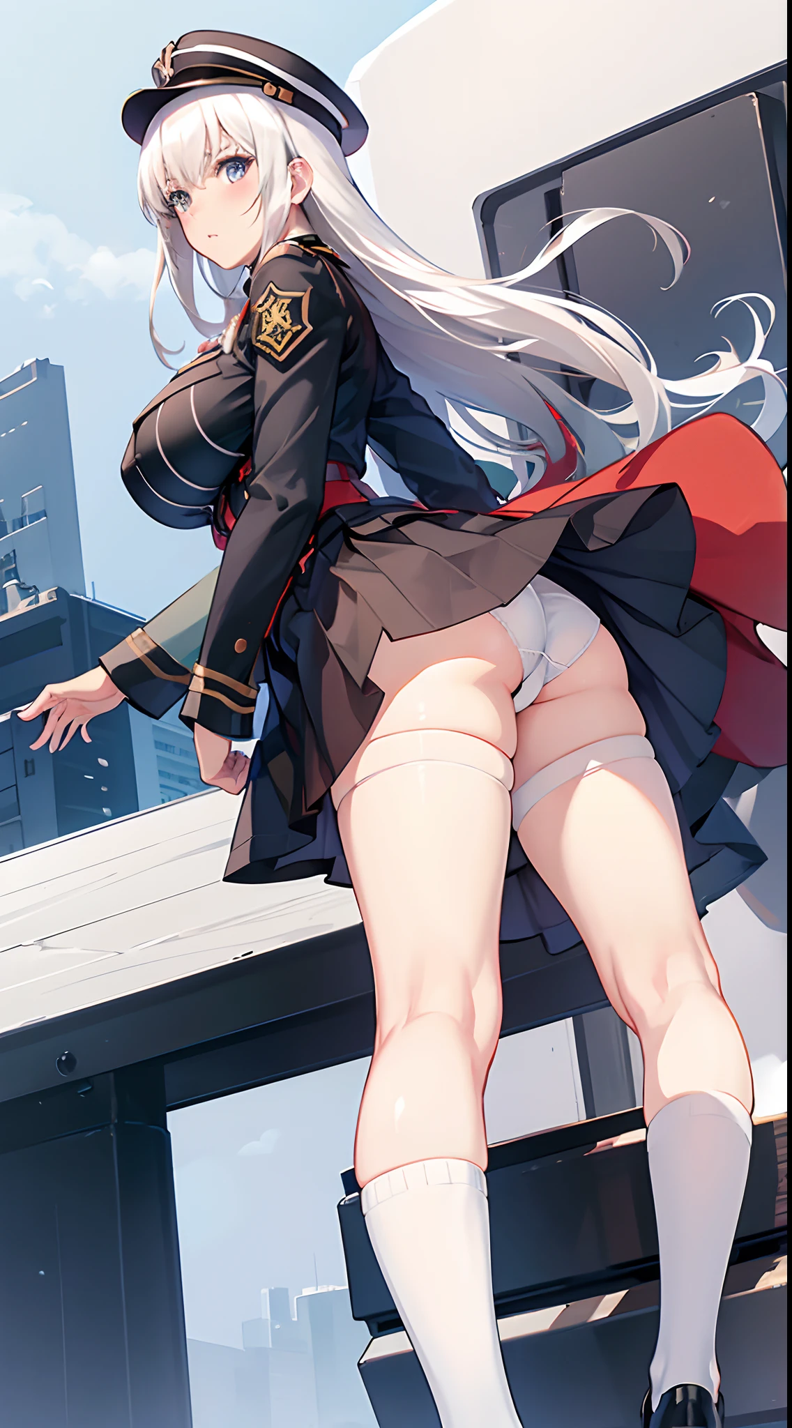 Colossal ,(((A MILF))), (White panties), Military uniform,a miniskirt, hat, Over knee socks, , (((maturefemale))),The wind is blowing my skirt away, blush,groin,Blue sky, On board,blush,From below,