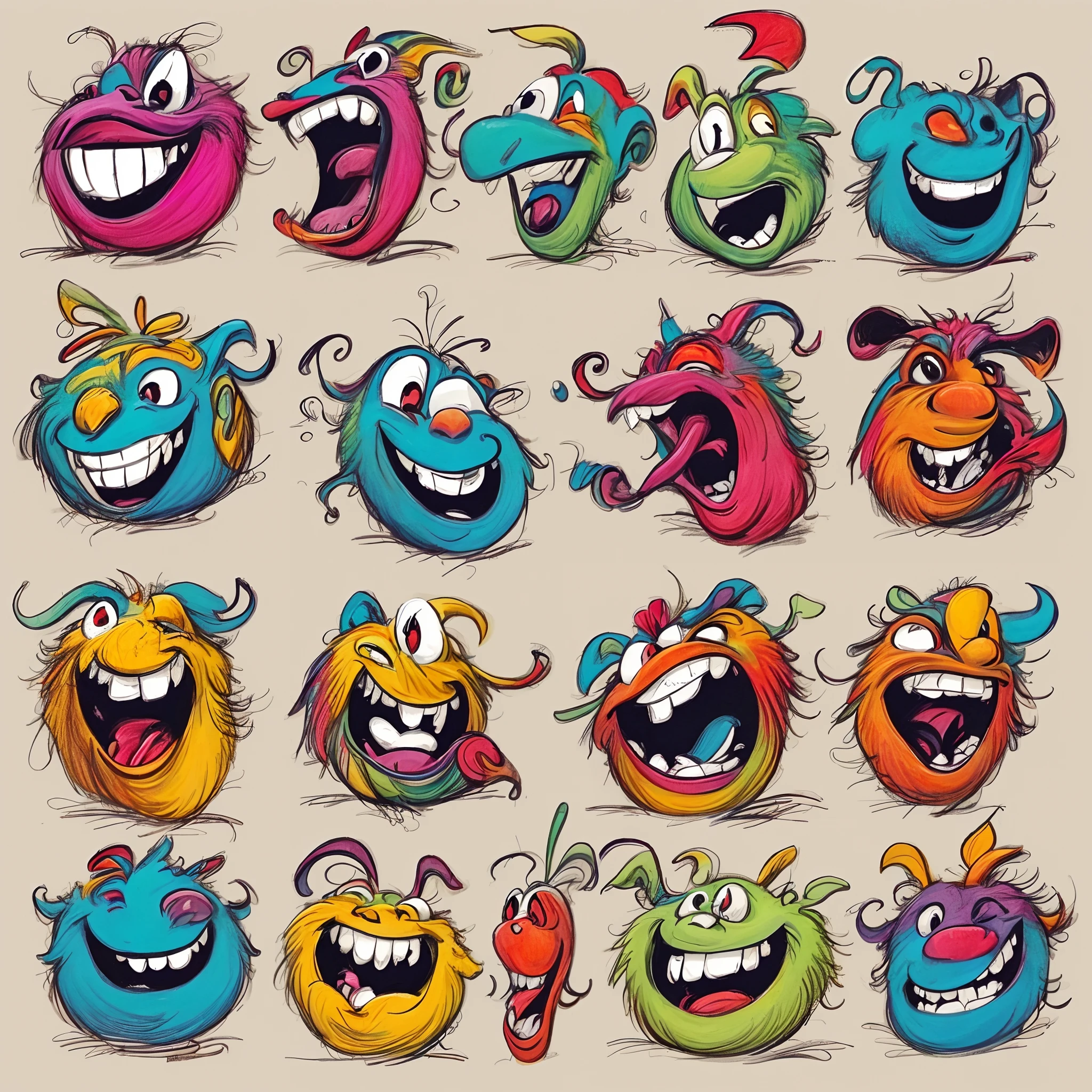 a set of cartoon monsters with different expressions, colorful character faces, funny faces, various emotions, monster character design, many mouths, crazy expression, cute monster character design, colorful! character design, smiles and colors, happy expressions, happy faces, digital art emoji collection, cartoonish vector style, cute monsters, evil faces, character faces, irreverent characters, monsters