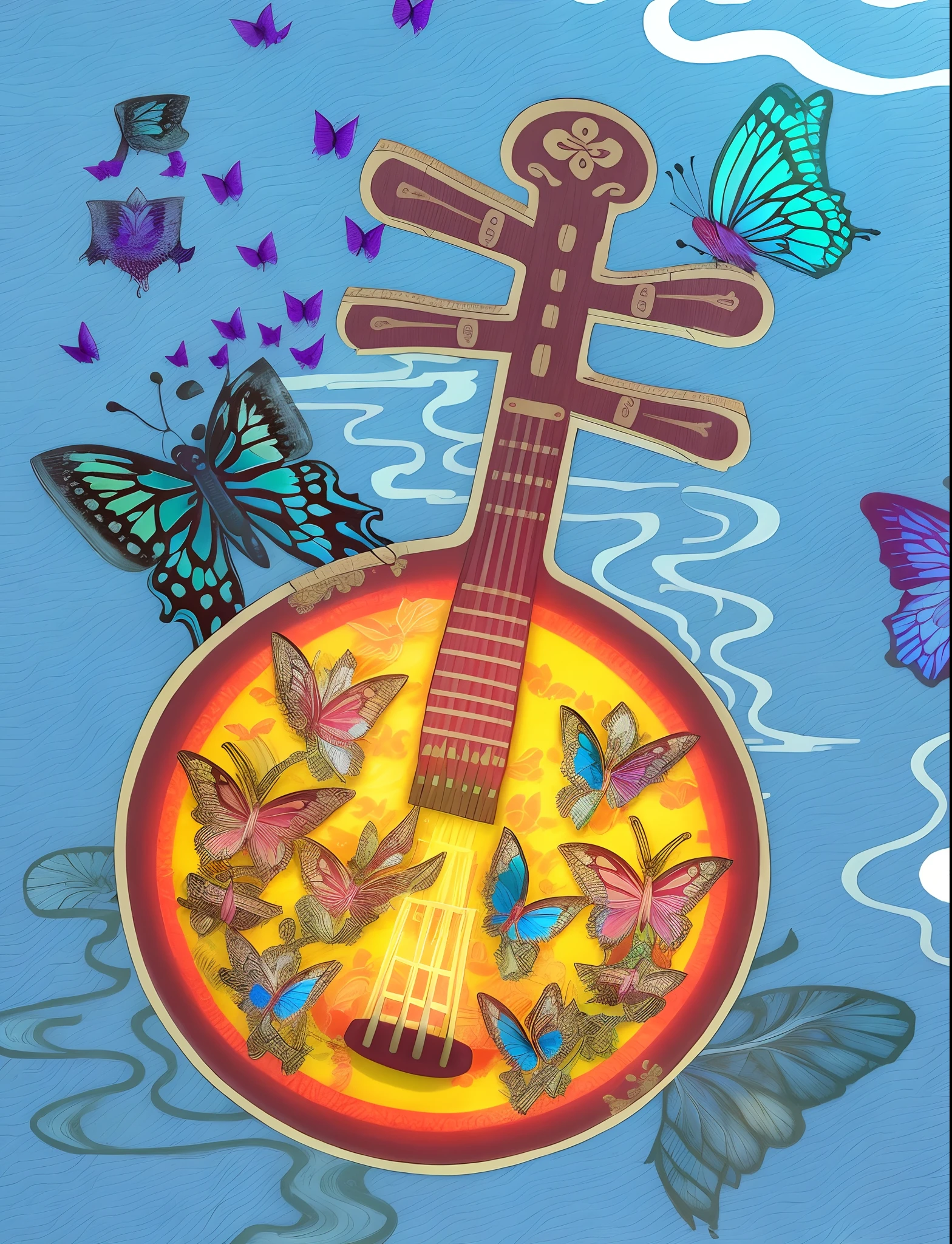 Traditional Chinese musical instruments,Yueqin,butterflys,Auspicious clouds,illustration,ultraclear