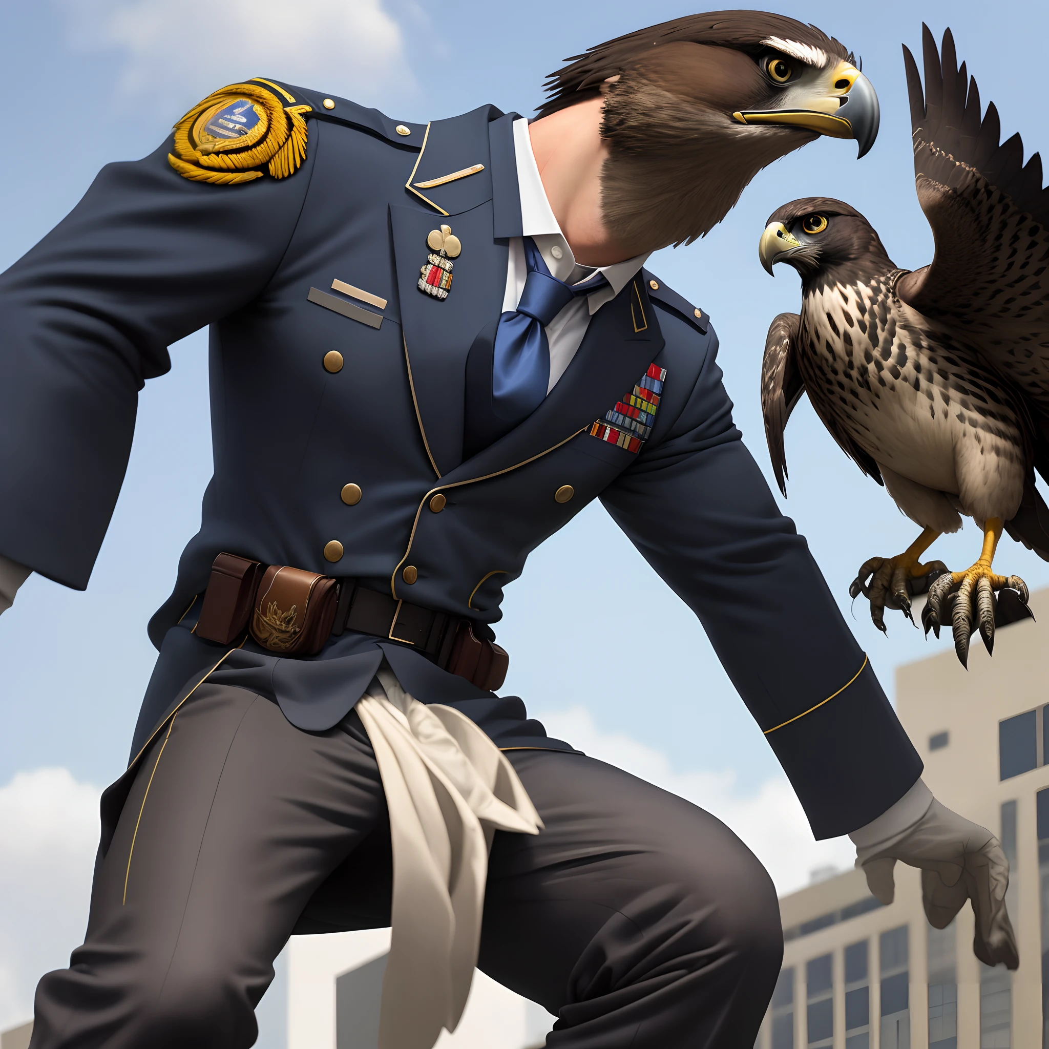 A military muscled in suit with a tie , with a human body and a falcon's head