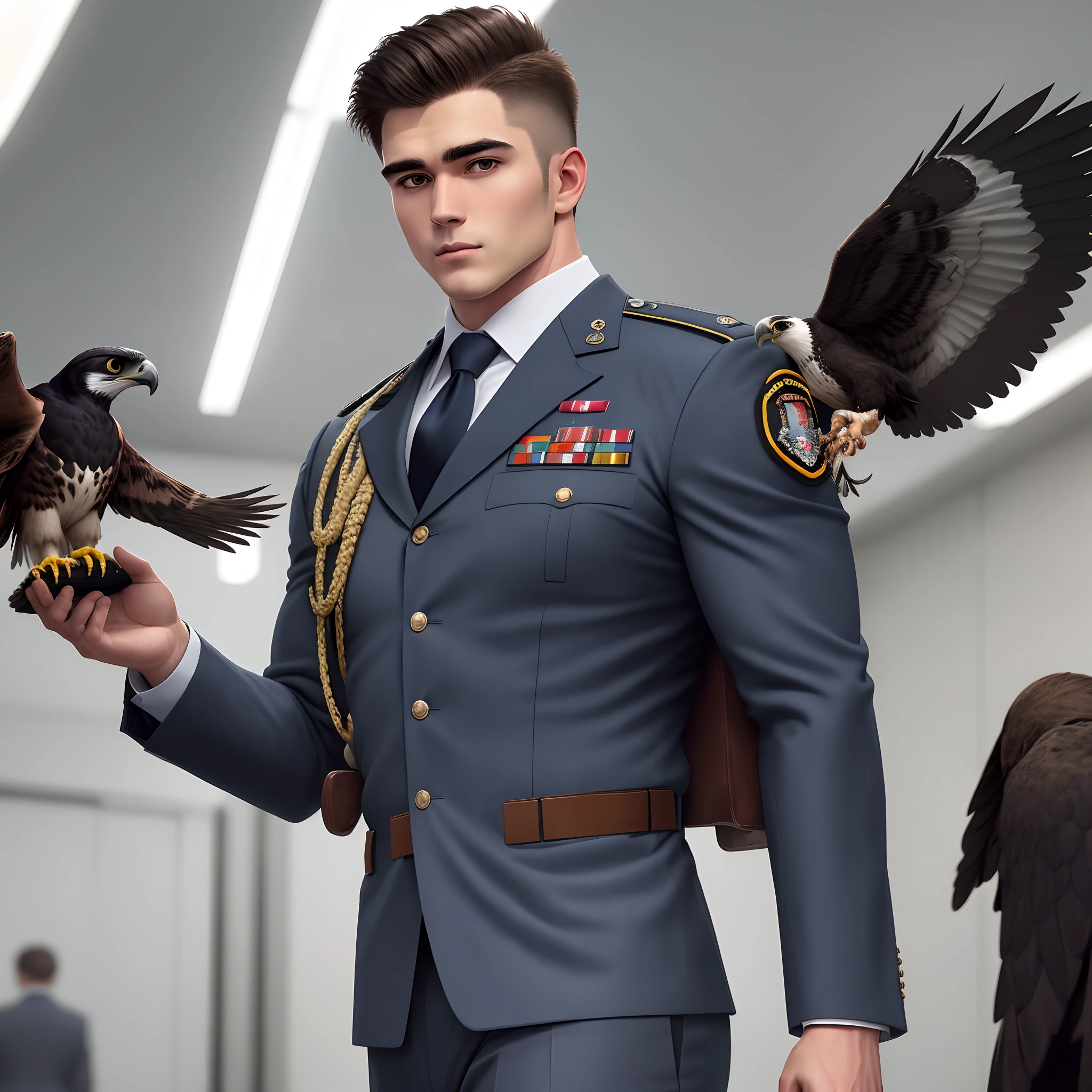 A military muscled in suit with a tie , with a human body and a falcon's head