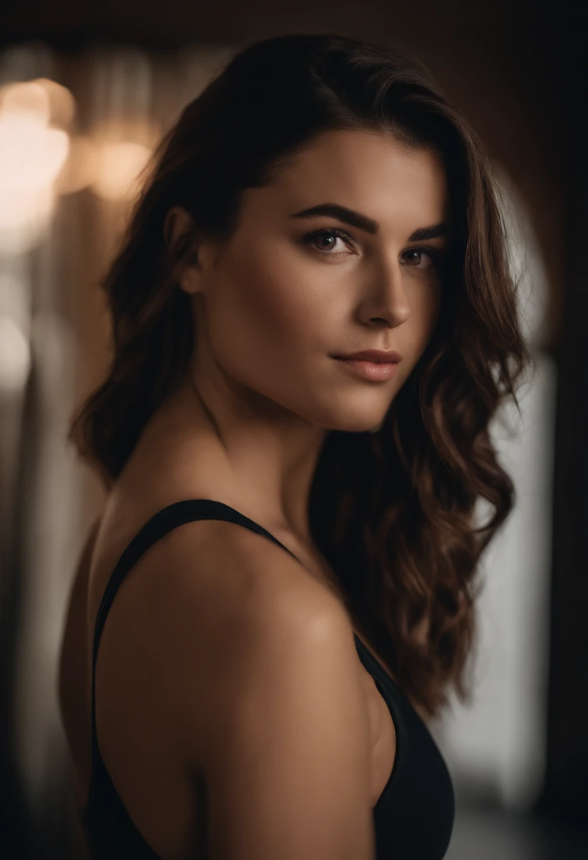 (Close-up, 20yr old,Female brunette hair,Back line,Arm raised,Sports short-sleeved clothes), ((Only the back is visible)),((The face is not visible)),Ultra photo realsisim ,Lifelike texture, Dramatic lighting , cine still 800