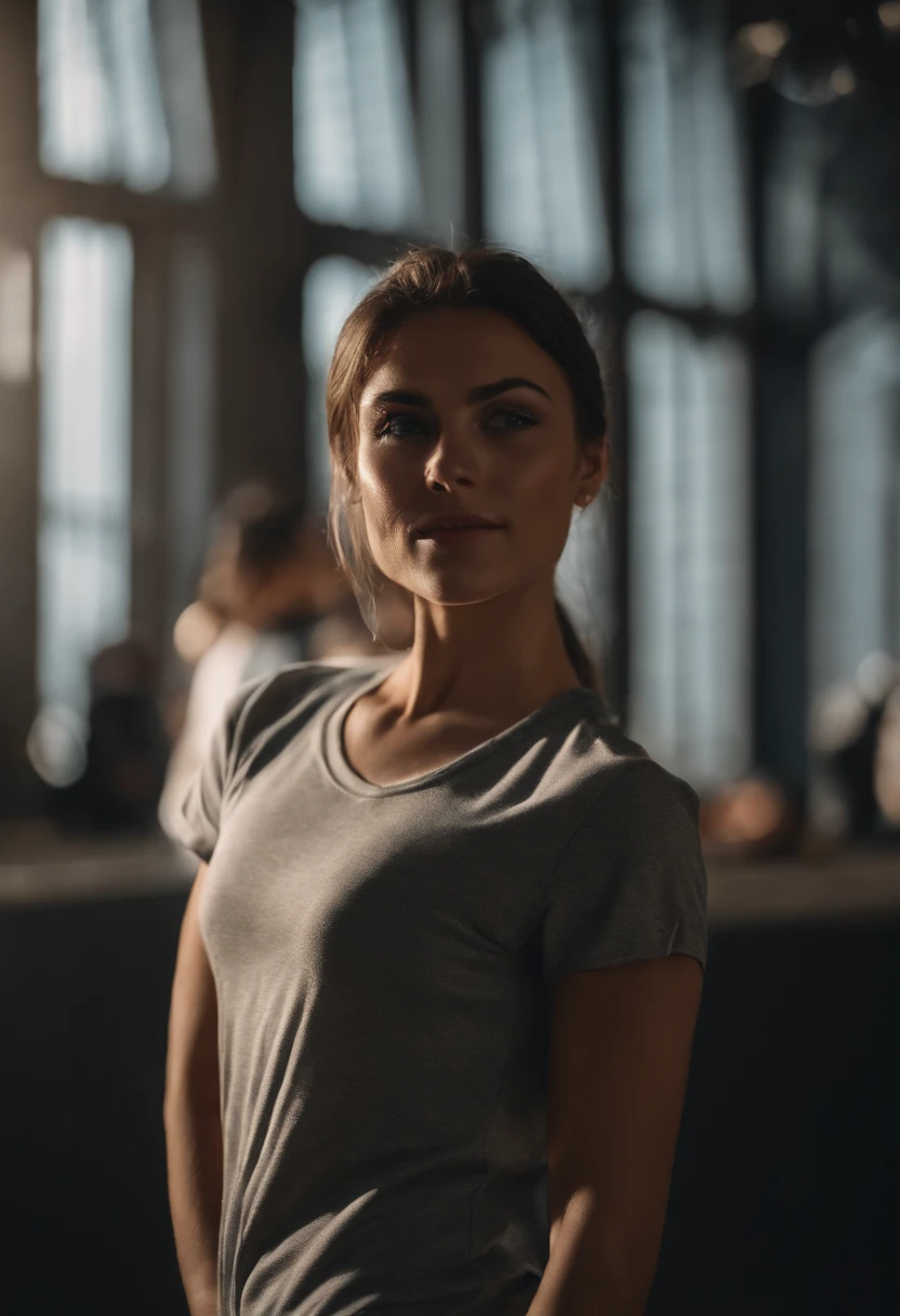 (Close-up, 20yr old,Female brunette hair,Back line,Arm raised,Sports short-sleeved clothes), ((Only the back is visible)),((The face is not visible)),Ultra photo realsisim ,Lifelike texture, Dramatic lighting , cine still 800
