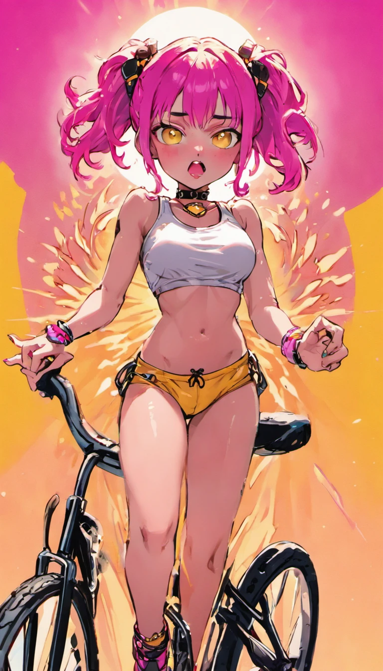 a woman stokke in a white top and pink shorts is standing next to a bike with a yellow background and, by Quentin Tarantino, 1girl, bracelet, ((raven colored hair)), jewelry, letterboxed, lips, long_hair, makeup, medium_breasts, midriff, nail_polish, navel, necklace, nose, orange_sky, pink_shorts, realistic, shorts, solo, sun, sunset, tattoo,wristband, yellow_background, yellow_sky, beautiful detailed glow, detailed, Cinematic light, intricate detail, highres, detailed facial features, high detail, sharp focus, smooth, aesthetic, extremely detailed, stamp, octane render,