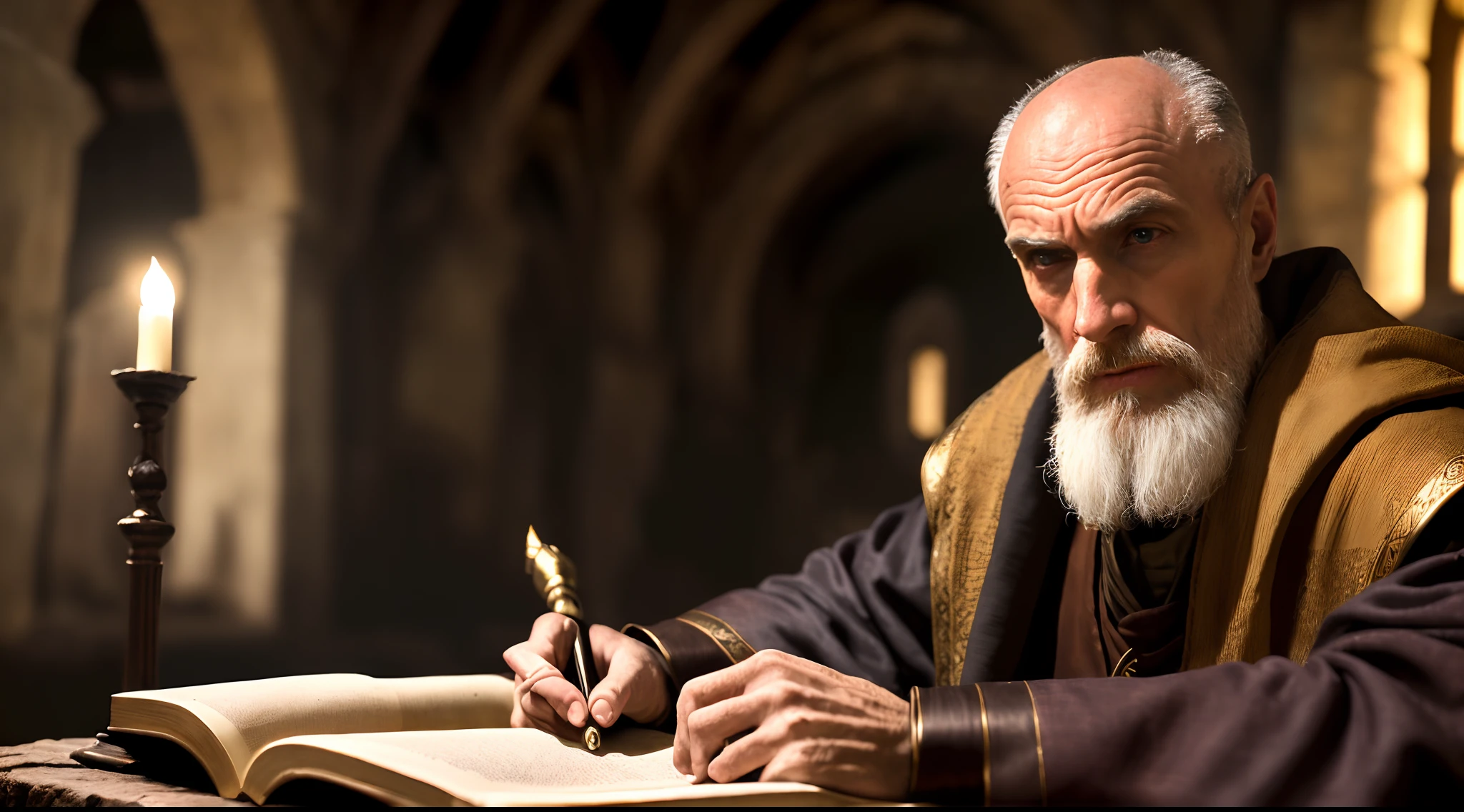 modelshoot style, (extremely detailed 8k wallpaper), a full scene of Saint Jerome, Intricate, high detail, dramatic, fantasy world, fantastic location, skin pores, very dark lighting, heavy shadows, detailed detailed face, (vibrant , photorealistic, realistic , Dramatic, Dark, Sharp focus, 8k), Far, Medieval monk