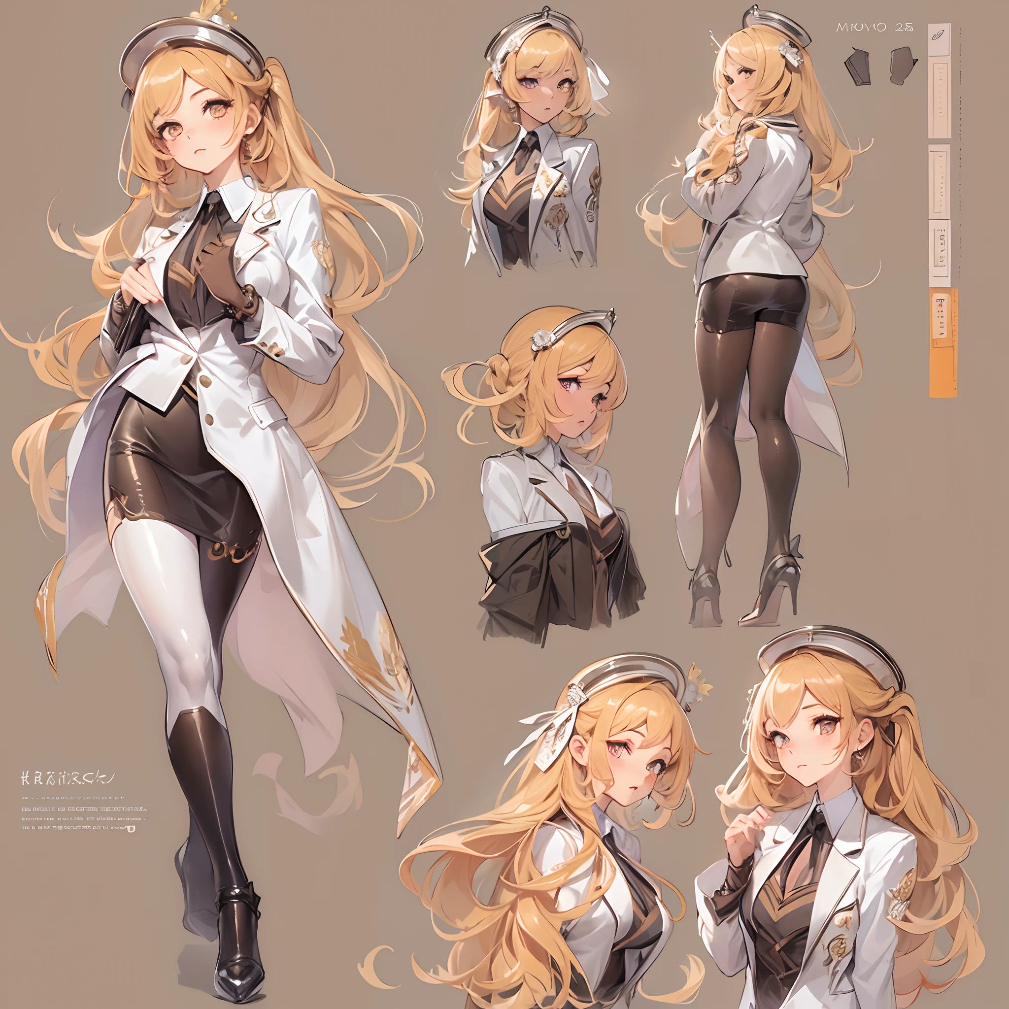 ((Masterpiece, Highest quality)), Detailed face, CharacterDesignSheet, full bodyesbian, Full of details, Multiple poses and expressions, Highly detailed, Depth, Many parts,1 Beautiful 18 year old girl,Detailed eyes, ssee-through,Business suit,Orange caramel,lacepantyhose,estilo fantasia,Extremely beautiful,High Balance, Natural light