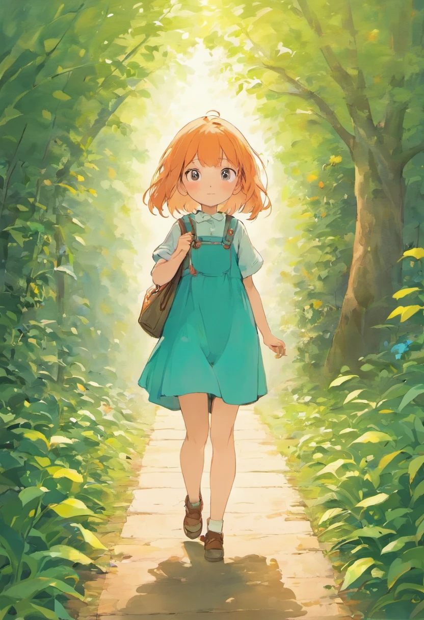 Illustration of a picture book in the style of Beatrix Potter, Girl taking a walk in the garden,The girl wears one piece, The illustrations are attractive and exquisite, Soft colors and details.
