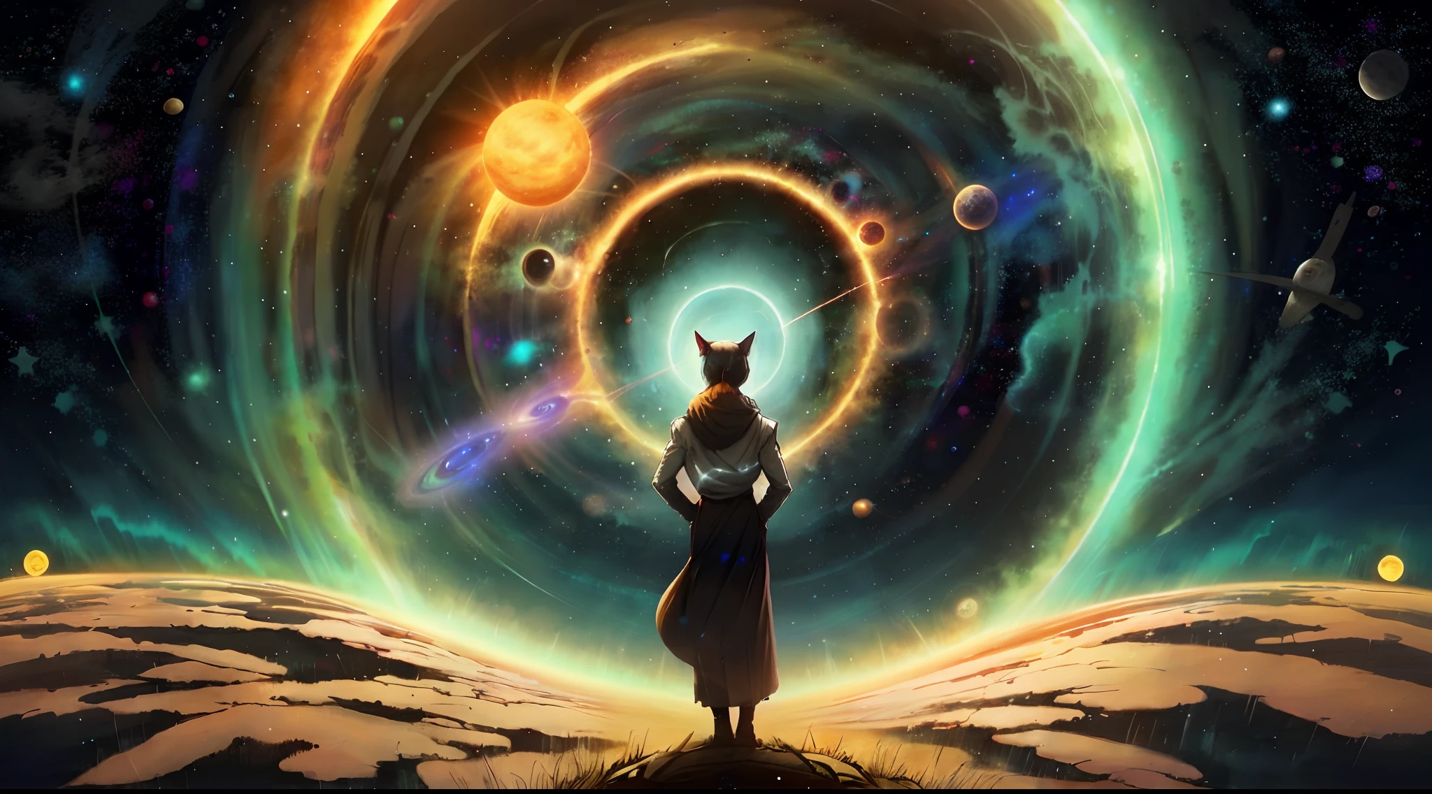 eine Katze, standing in front of a space portal overlooking the sun, gateway to another universe, Inspired by Cyril Rolando, gateway to another dimension, world, visible only through the portal, High quality fantasy stock photo, portal to another world, portal to outer space, In the style of Cyril Rolando, Looking into space, Universe, Magical Galactic Portal, The Cycle of the Stars, God