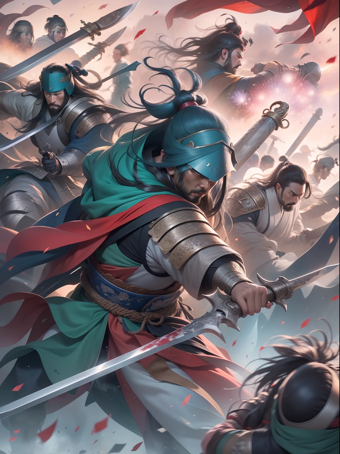 [illustratio，Story split-shots]comic page，There are multiple screens on one page: Chinese male warriors of the Qin Dynasty, A cold face，Symmetrical body, Broken robes，Armed with a bloody blue-edged sword，standing in the wind（Side half close-up）。The battle flag is skewed，Fireworks are everywhere，Enemies in the distance are rushing towards him（bblurry，Faraway view）。[Multi-camera continuous shooting]:Ultra-wide angle, Cinema lenses,Motion capture, Chiaroscuro, Depth of field 1.8，The protagonist is focused，Cinema lenses，Zao Wou-Ki style