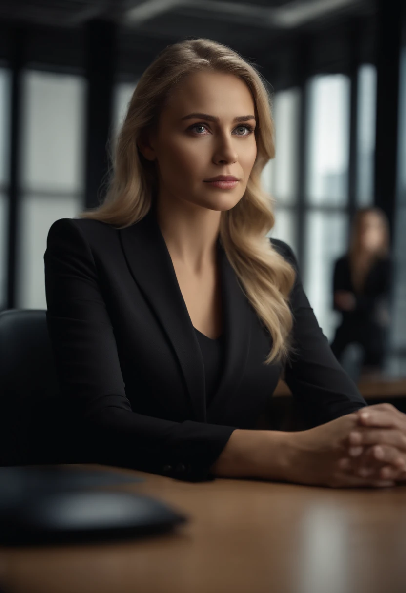 professional, (4k photo:1.1), high detail, wearing black business dress, beautiful detailed face, hazel eyes, not too long blonde hair, body shape, office board room with desk, windows face camera