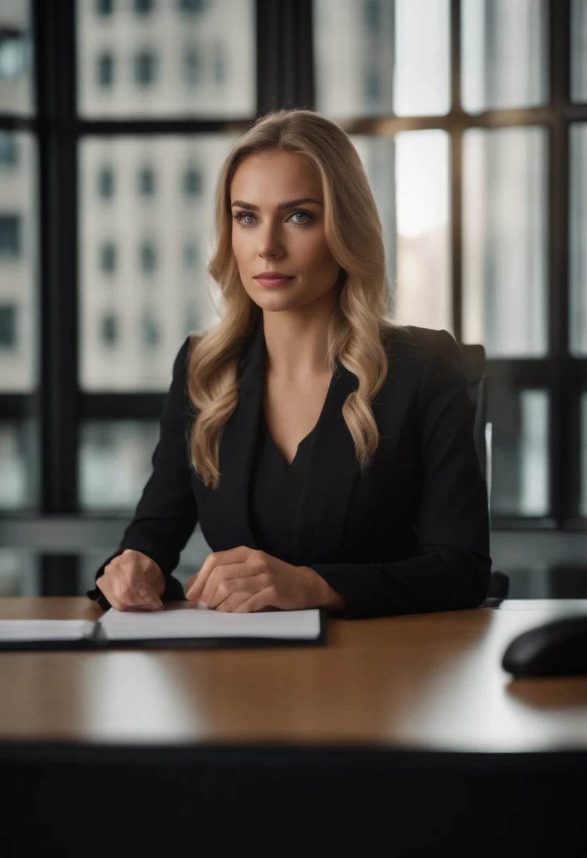 professional, (4k photo:1.1), high detail, wearing black business dress, beautiful detailed face, hazel eyes, not too long blonde hair, body shape, office board room with desk, windows face camera