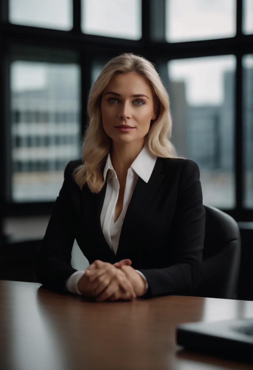professional, (4k photo:1.1), high detail, wearing black business dress, beautiful detailed face, hazel eyes, not too long blonde hair, body shape, office board room with desk, windows face camera
